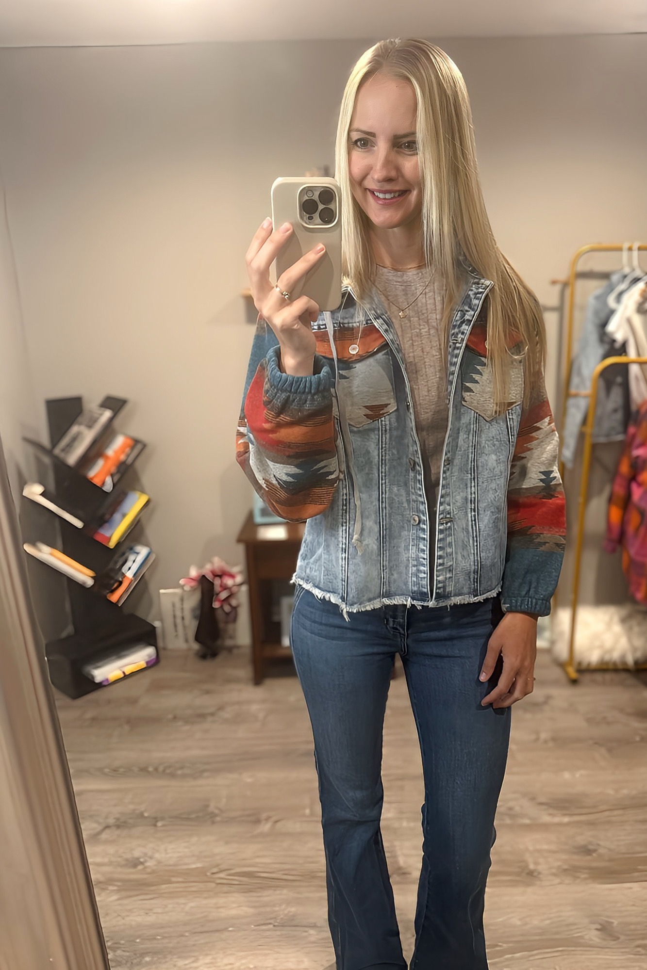 Geometric Print Frayed Hem Denim Jacket