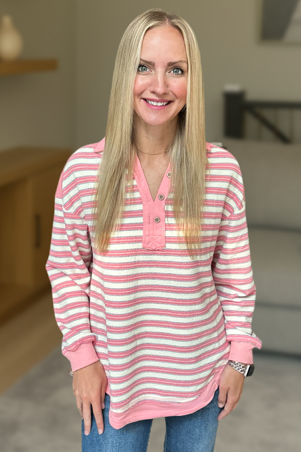 Collared Button Drop Shoulder Oversized Blouse