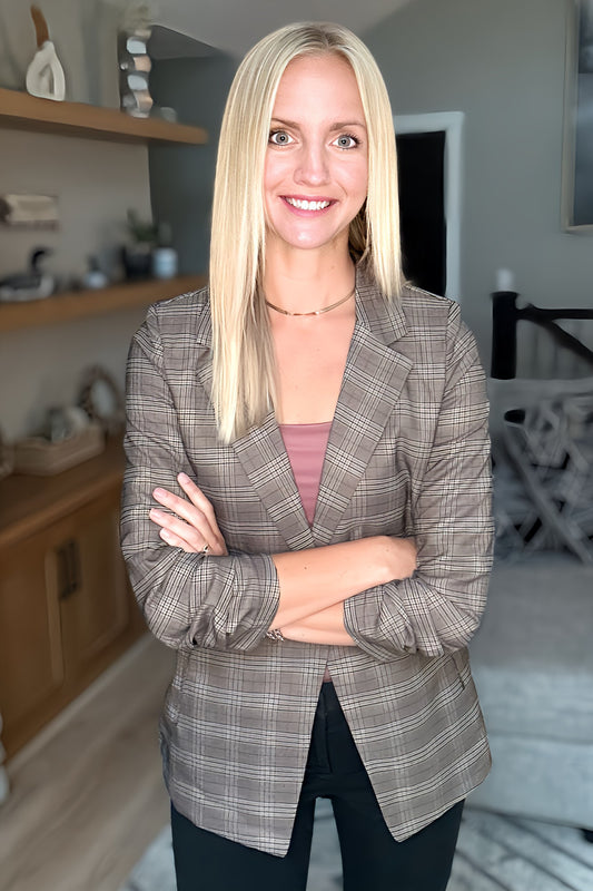 Plaid Rouched Sleeve Blazer