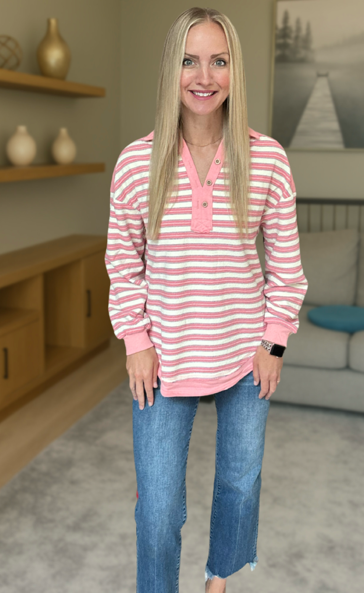 Collared Button Drop Shoulder Oversized Blouse