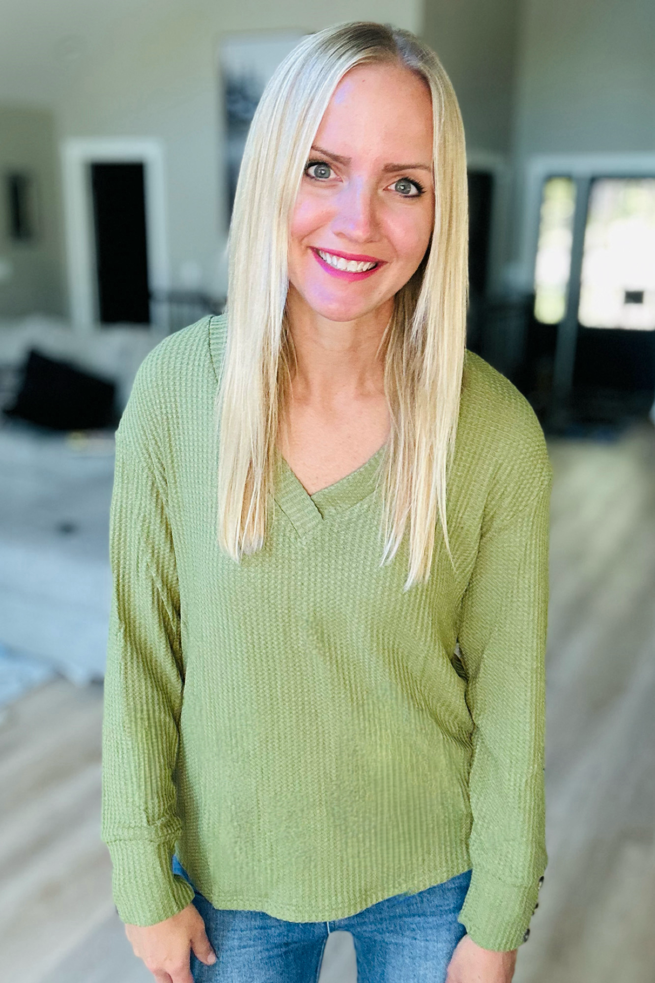 Waffle Buttoned Long Sleeve Top