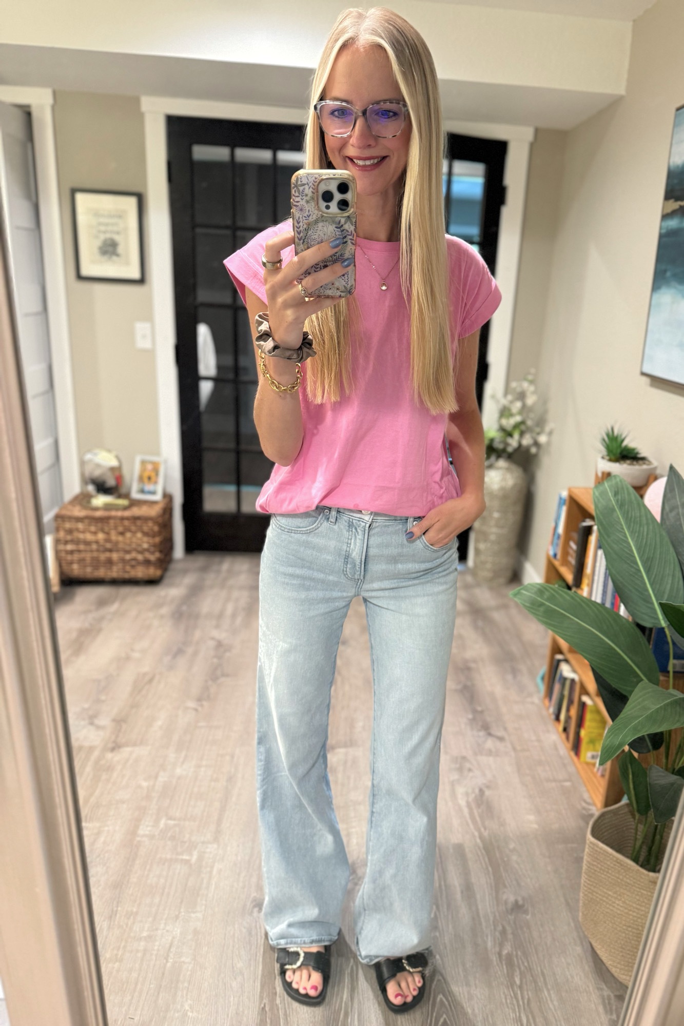 Round Neck Folded Short Sleeve T-shirt - Candy Pink
