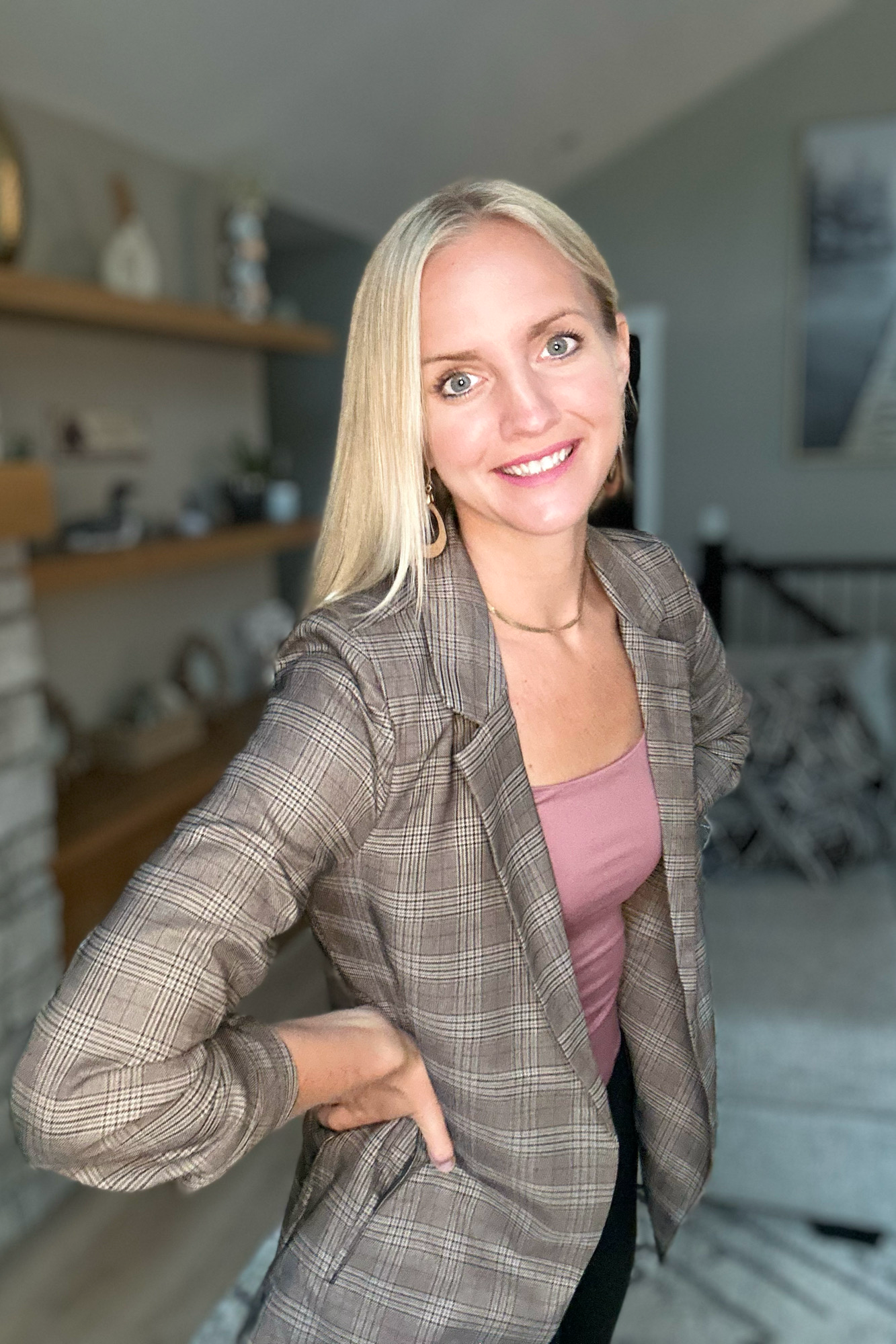 Plaid Rouched Sleeve Blazer
