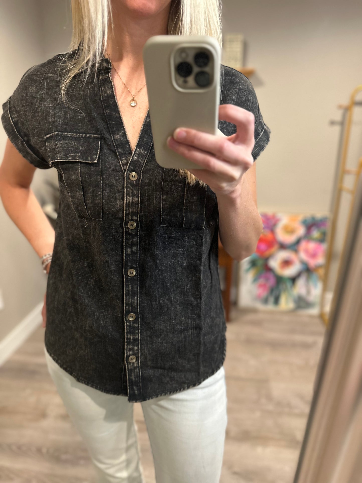 Cloud Nine to Five Button Down Blouse in Ash Black