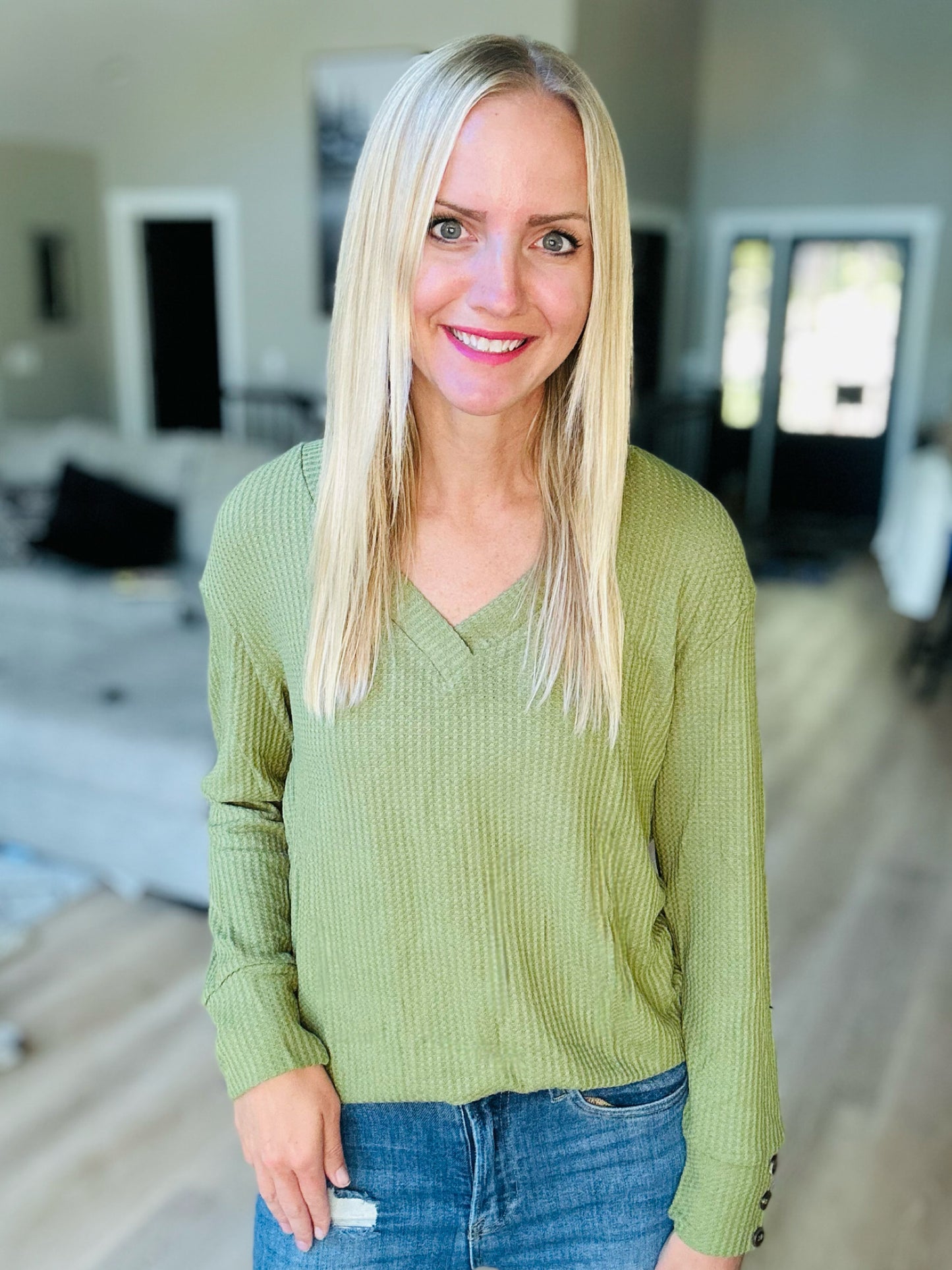 Waffle Buttoned Long Sleeve Top