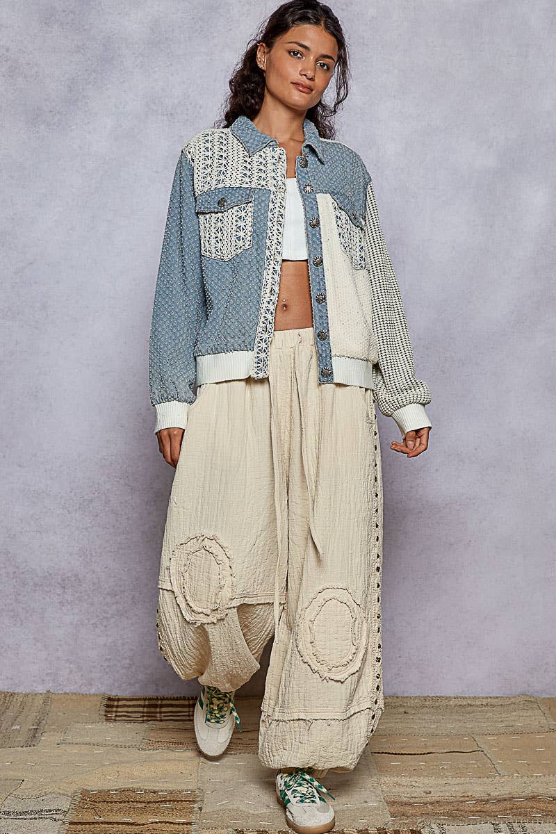 Vintage Washed Crochet Patch Solid Twill Jacket: DENIM MULTI