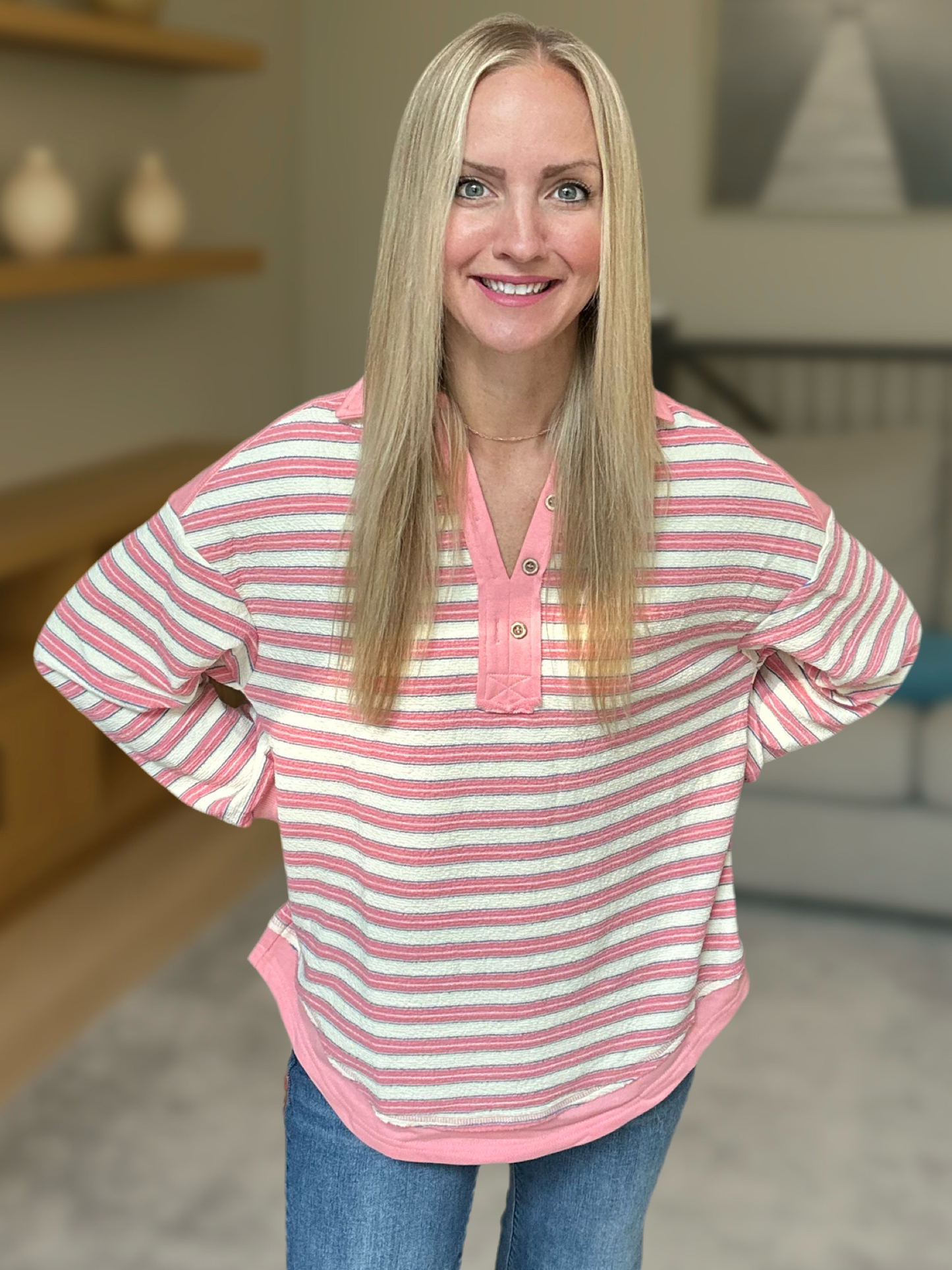 Collared Button Drop Shoulder Oversized Blouse