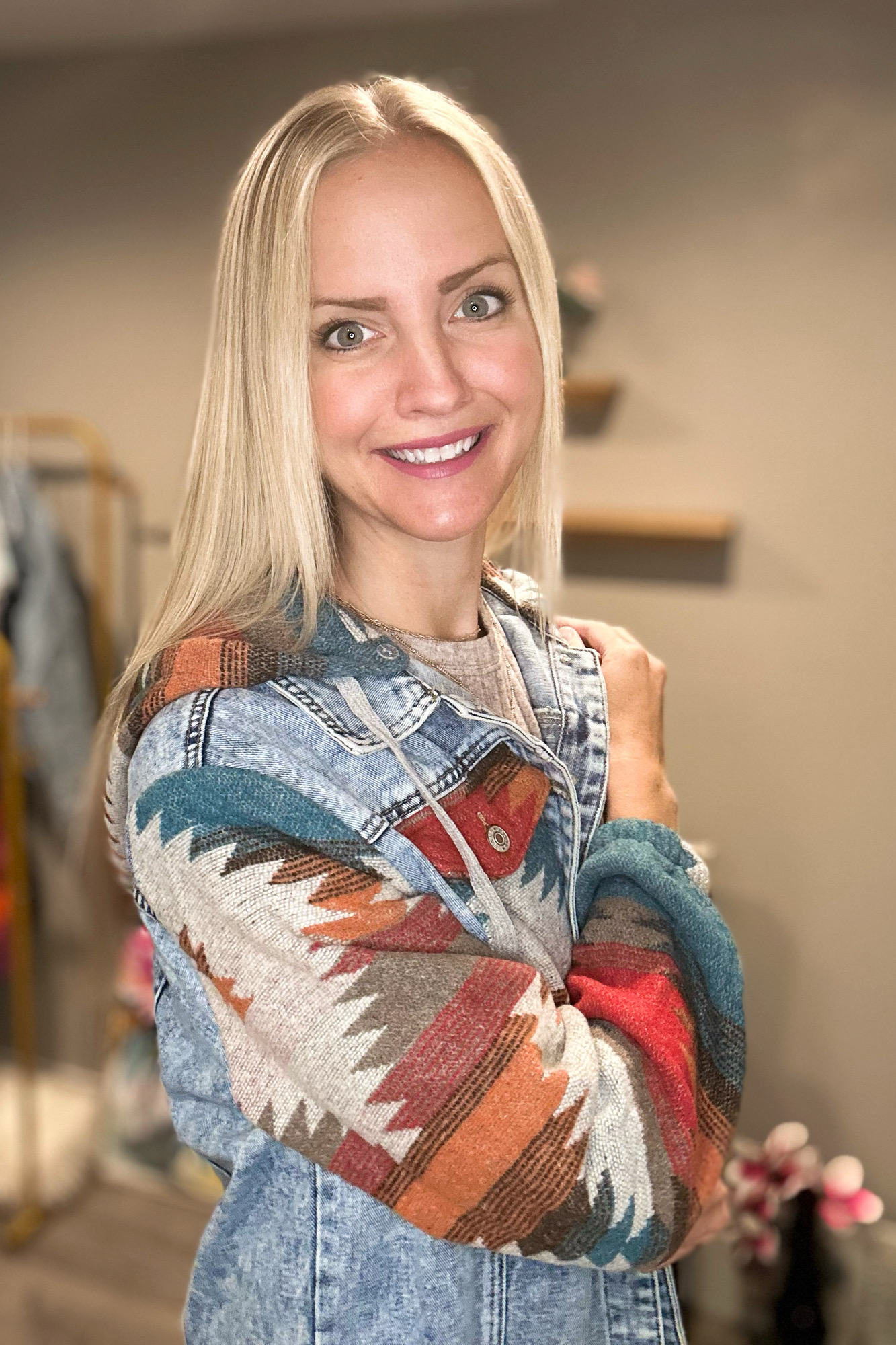 Geometric Print Frayed Hem Denim Jacket