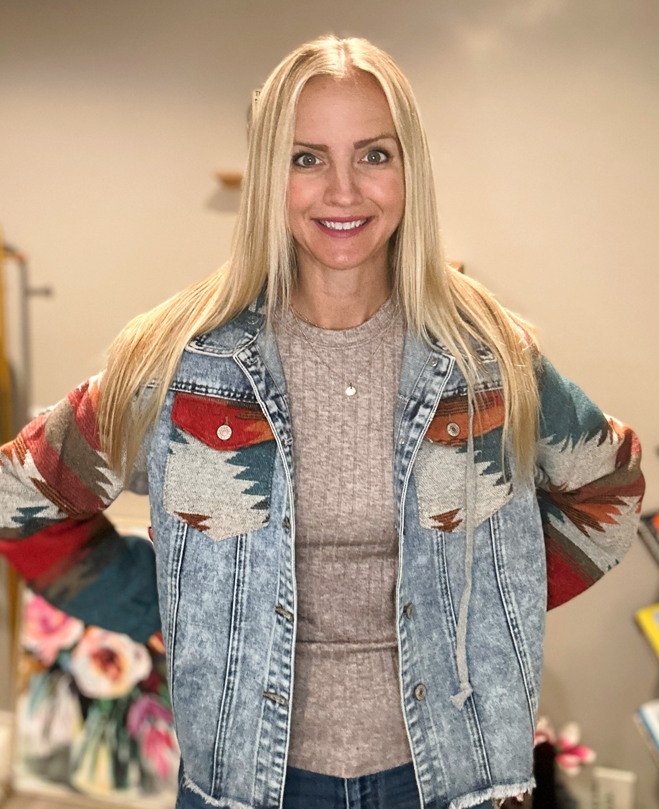 Geometric Print Frayed Hem Denim Jacket