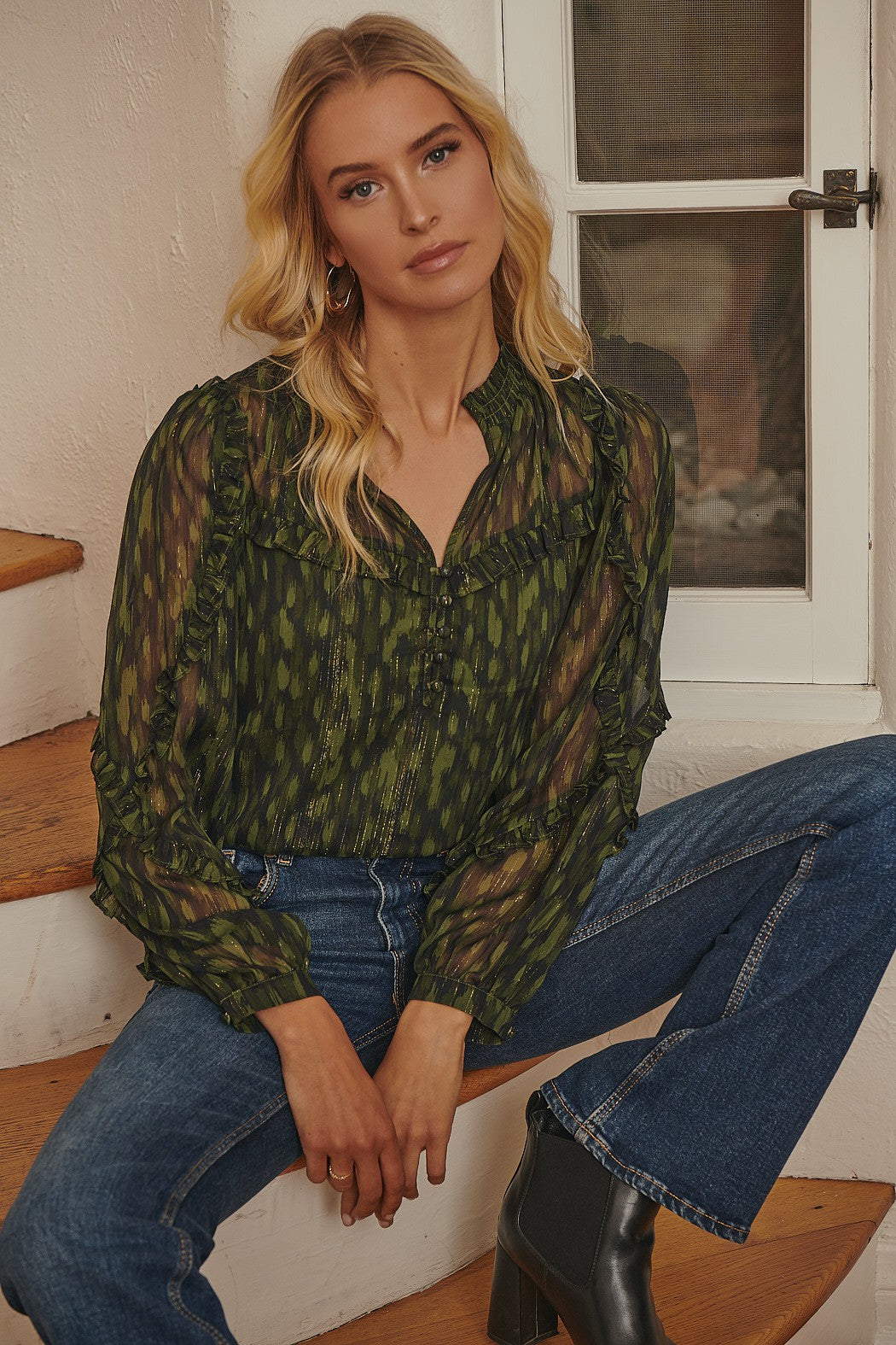 Green & Black Split Neck Ruffled Blouse