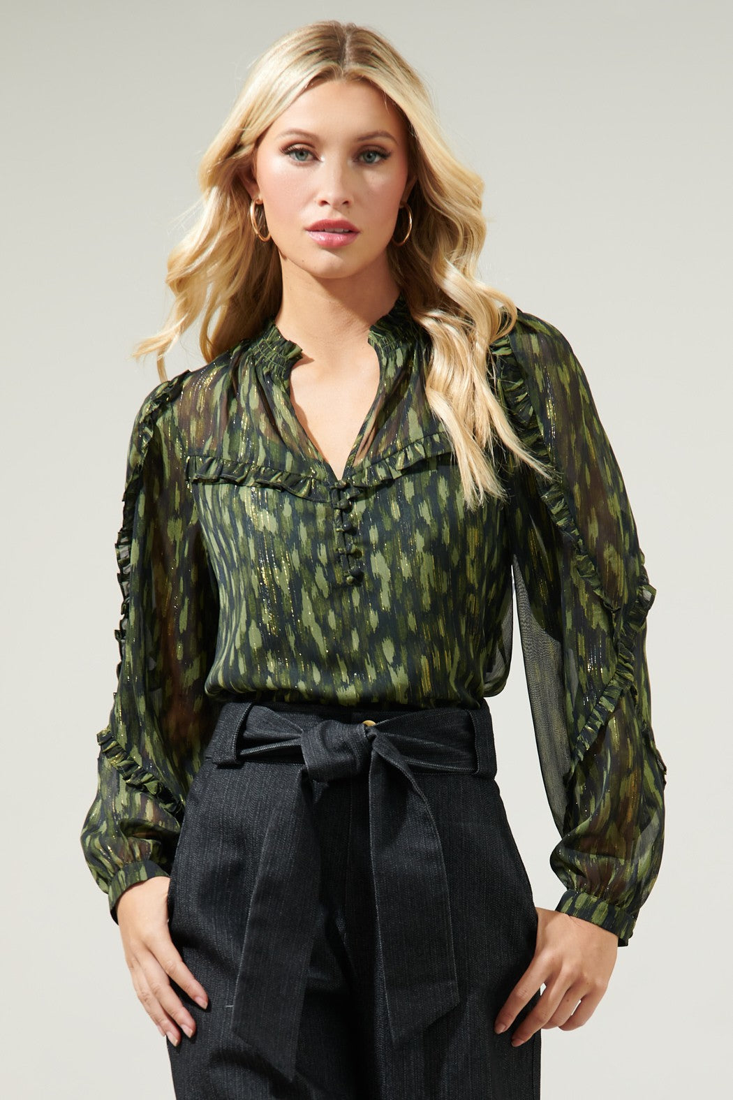 Green & Black Split Neck Ruffled Blouse