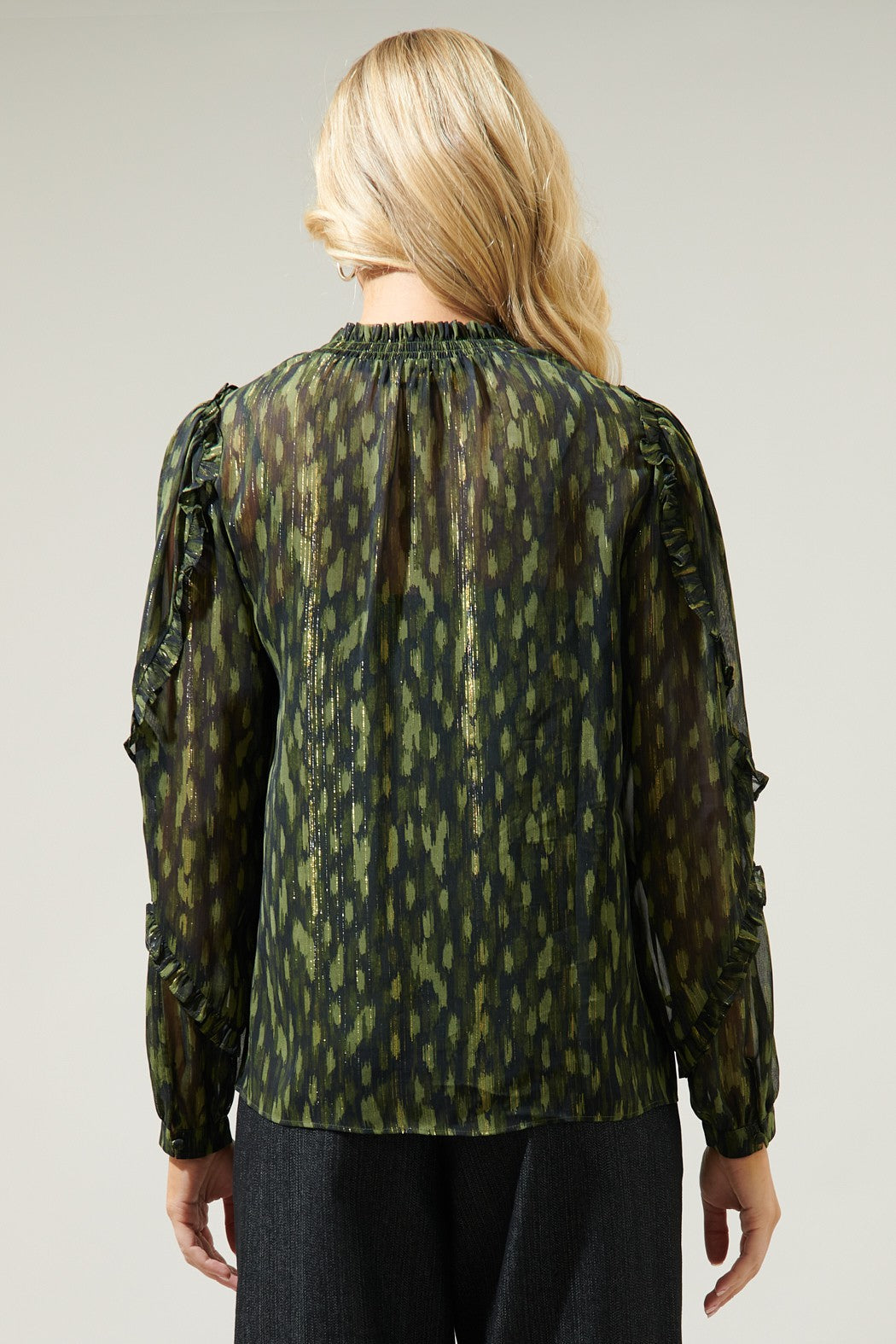 Green & Black Split Neck Ruffled Blouse