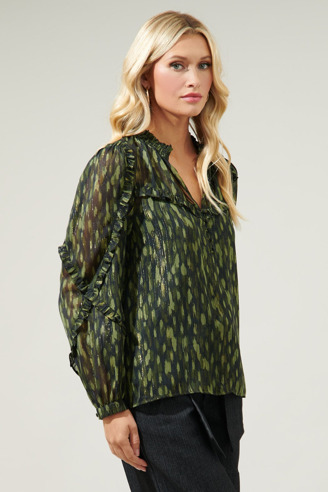 Green & Black Split Neck Ruffled Blouse