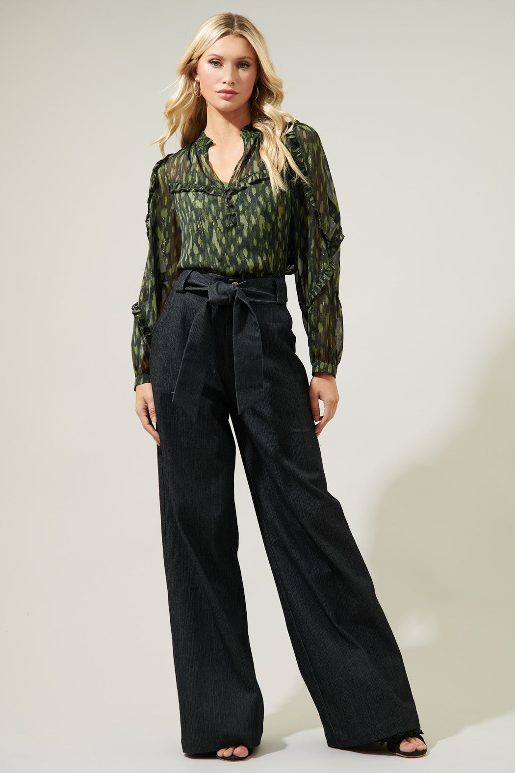 Green & Black Split Neck Ruffled Blouse