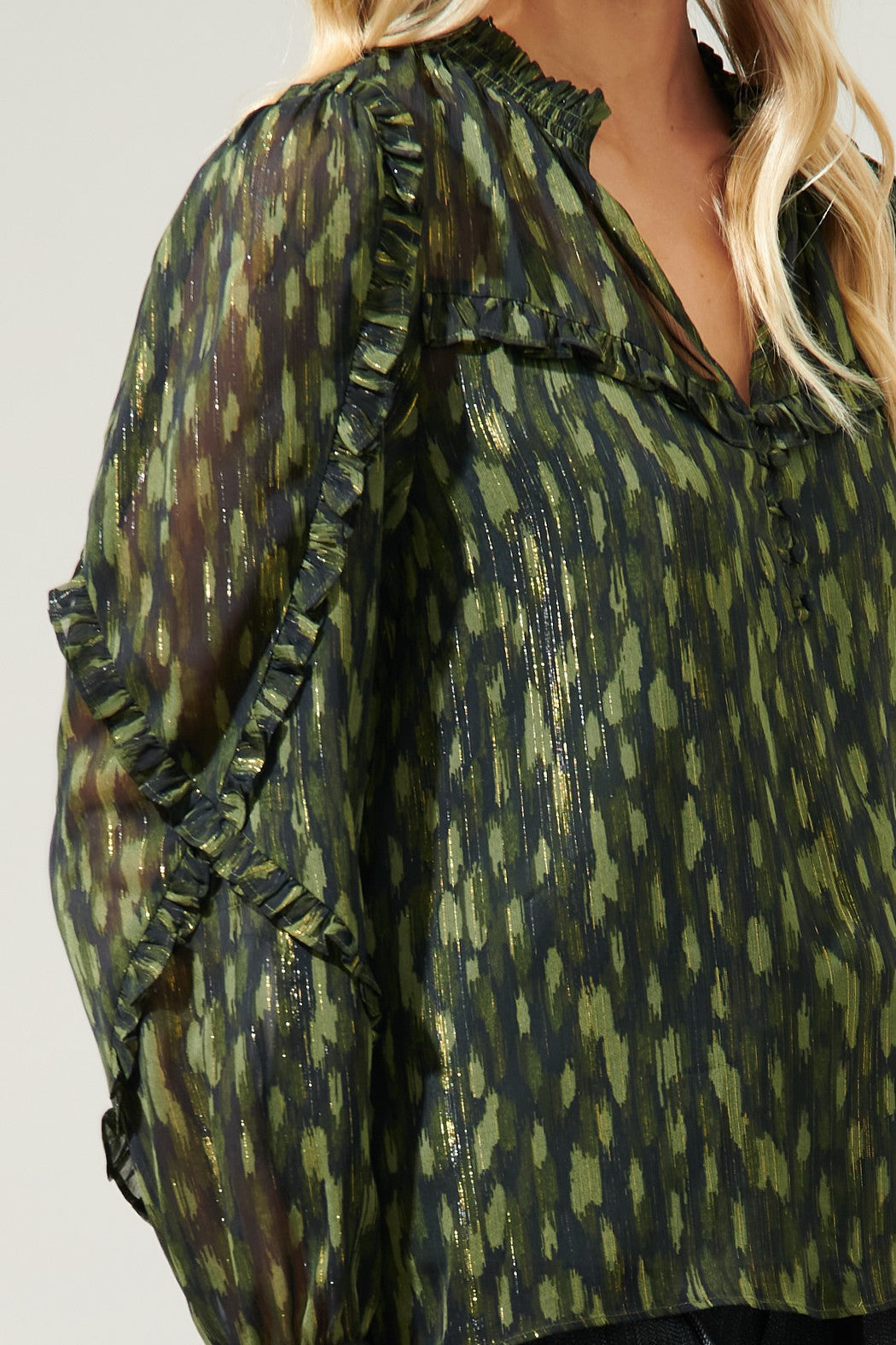 Green & Black Split Neck Ruffled Blouse