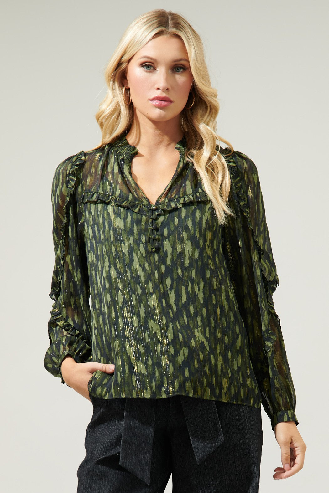 Green & Black Split Neck Ruffled Blouse