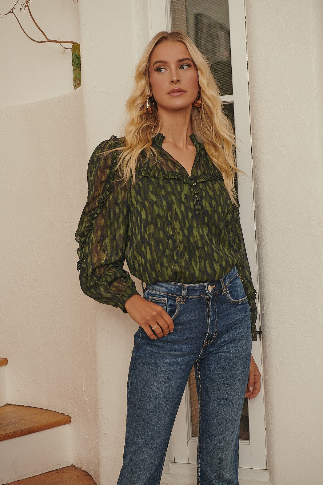 Green & Black Split Neck Ruffled Blouse