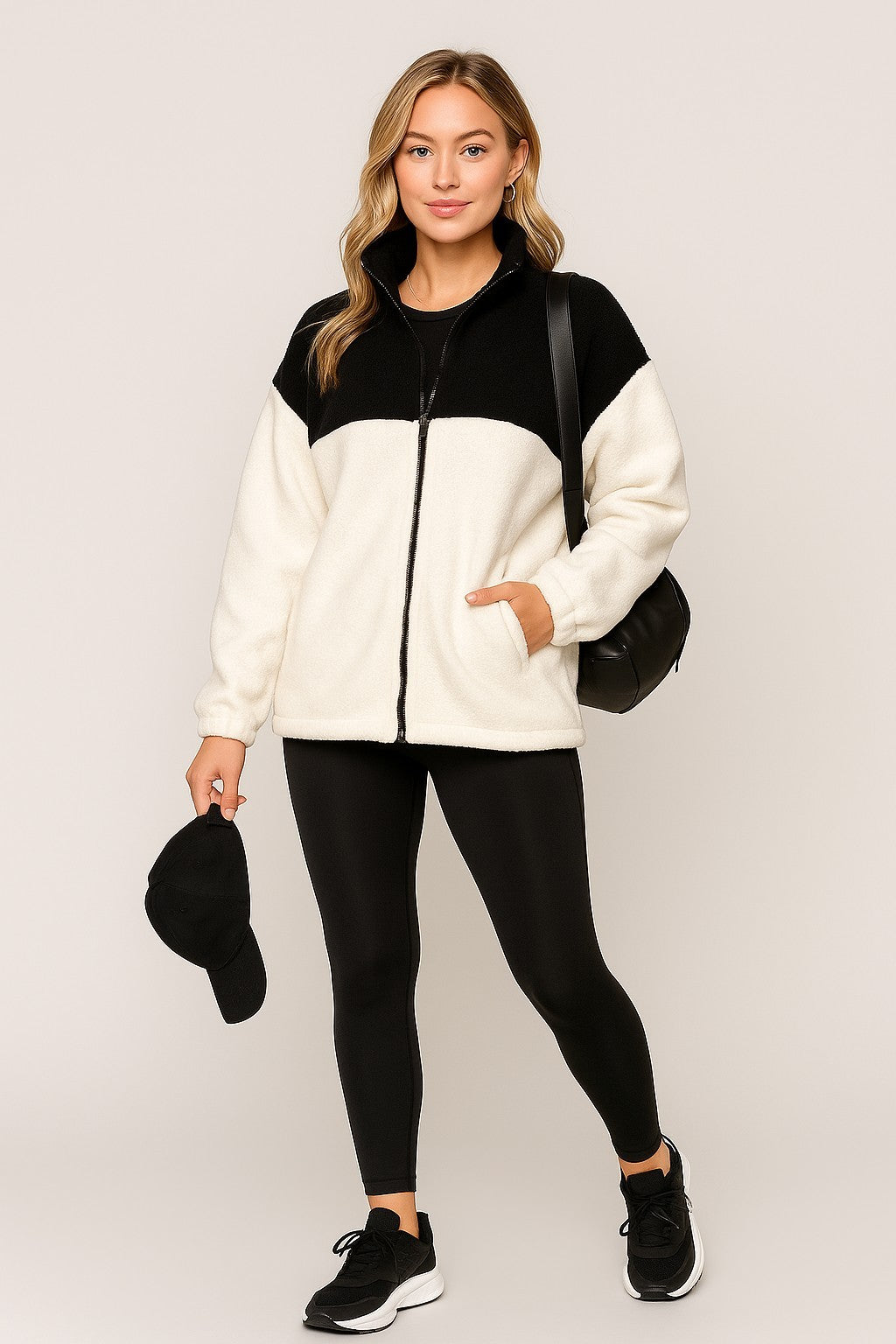 Black/Cream Color Block Sherpa Drawstring Jacket