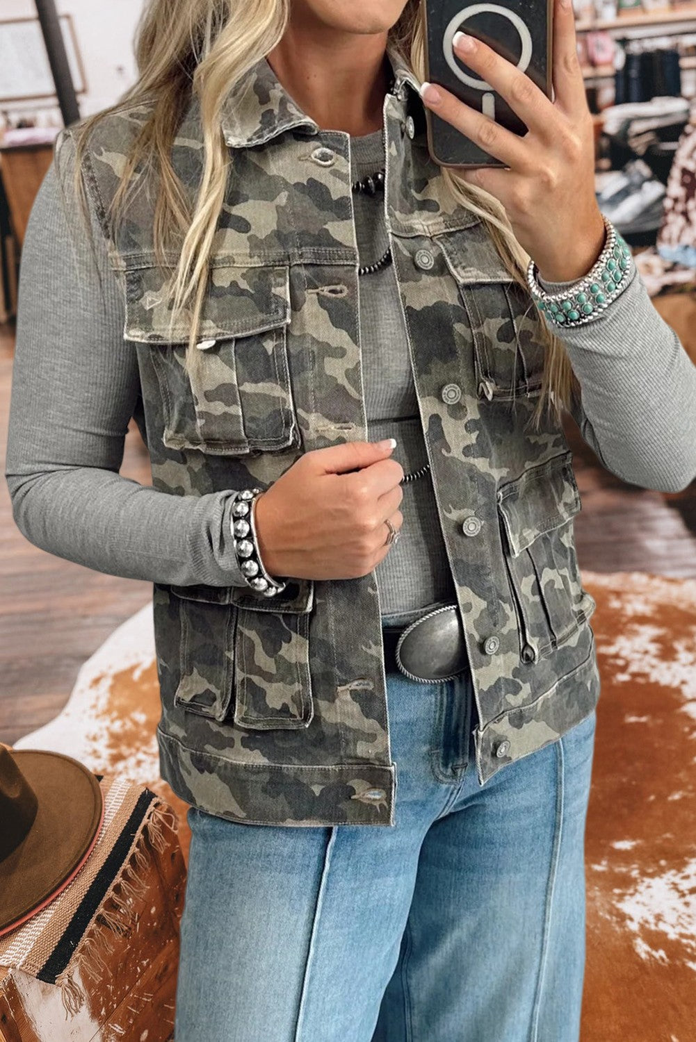 Button Cargo Pocket Button Down Denim Vest