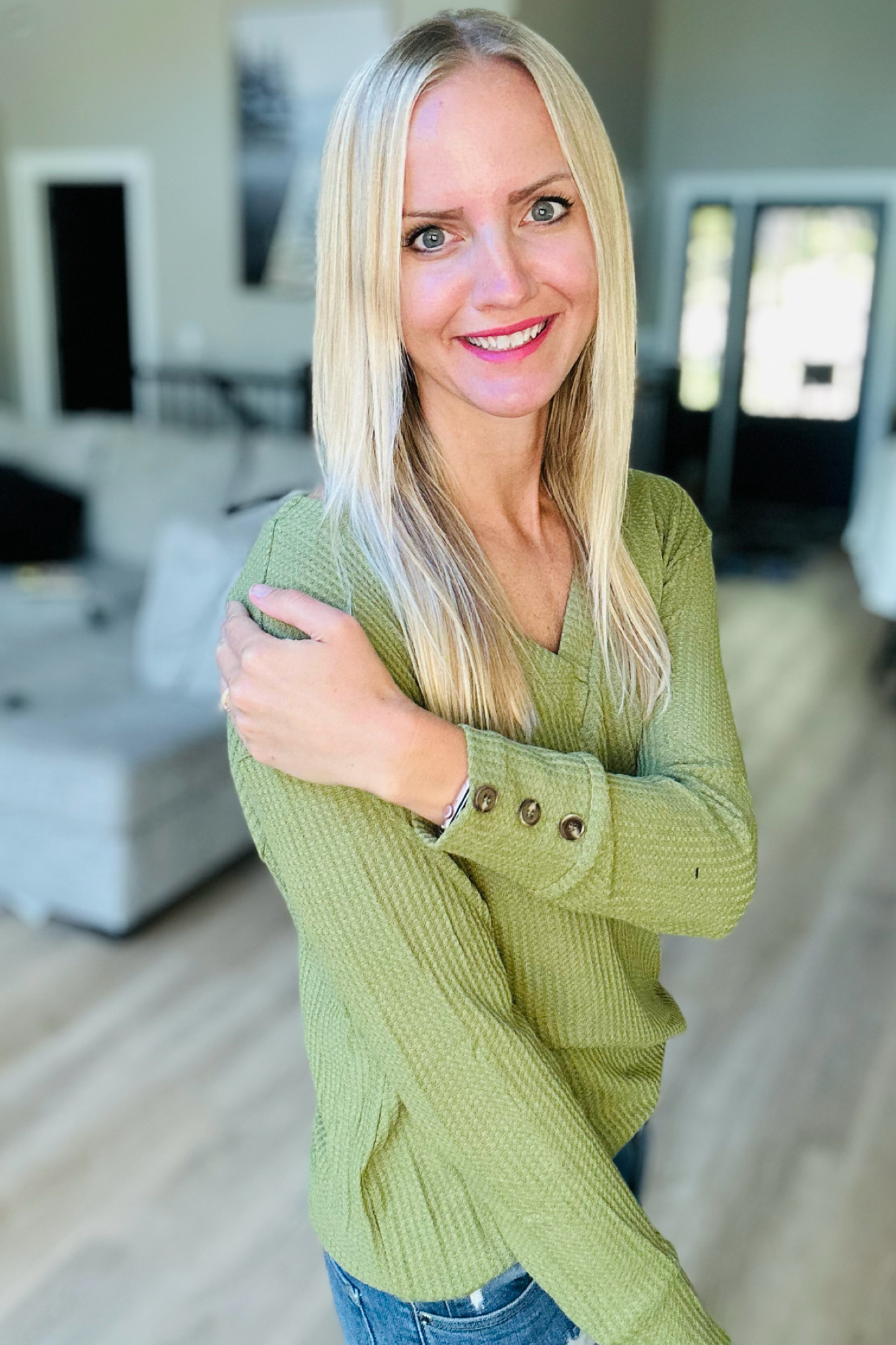 Waffle Buttoned Long Sleeve Top