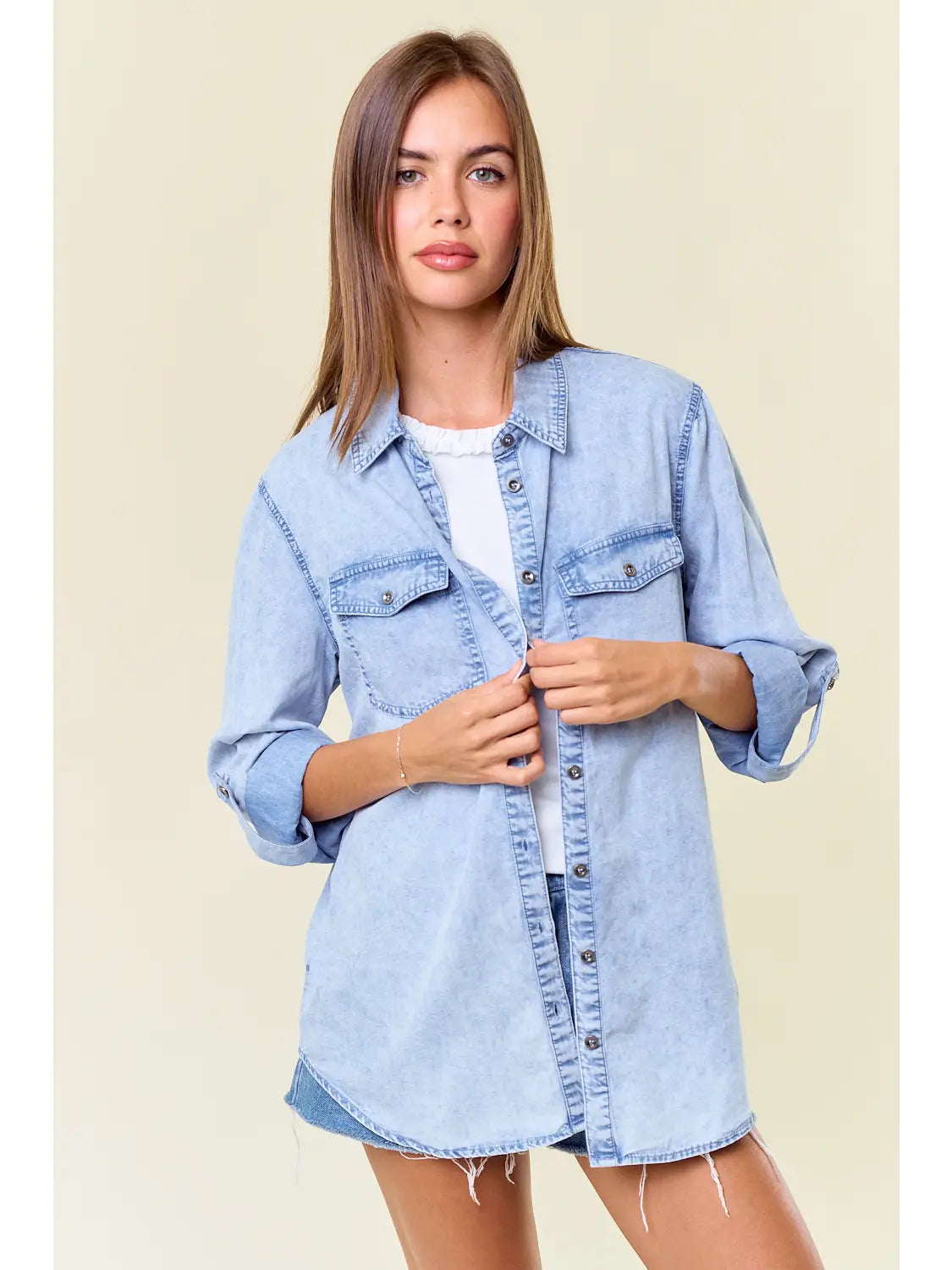 Chambray Button Down Shirt with Roll Up Sleeve