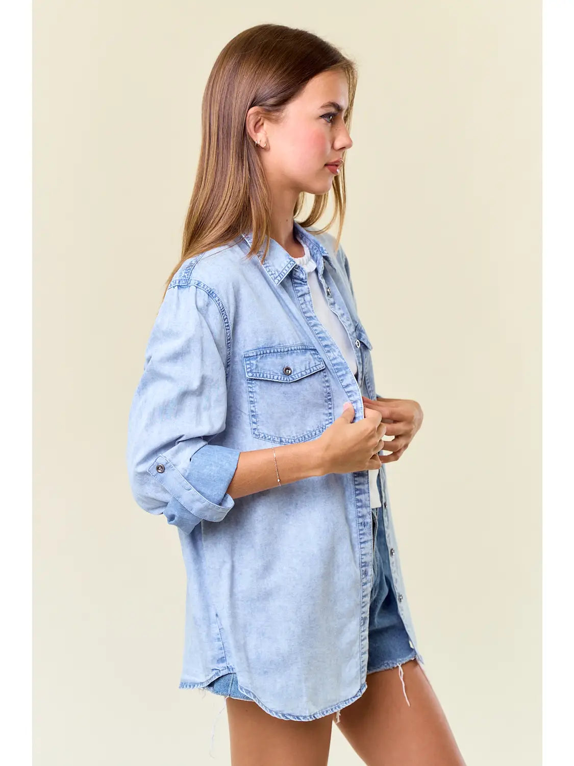 Chambray Button Down Shirt with Roll Up Sleeve