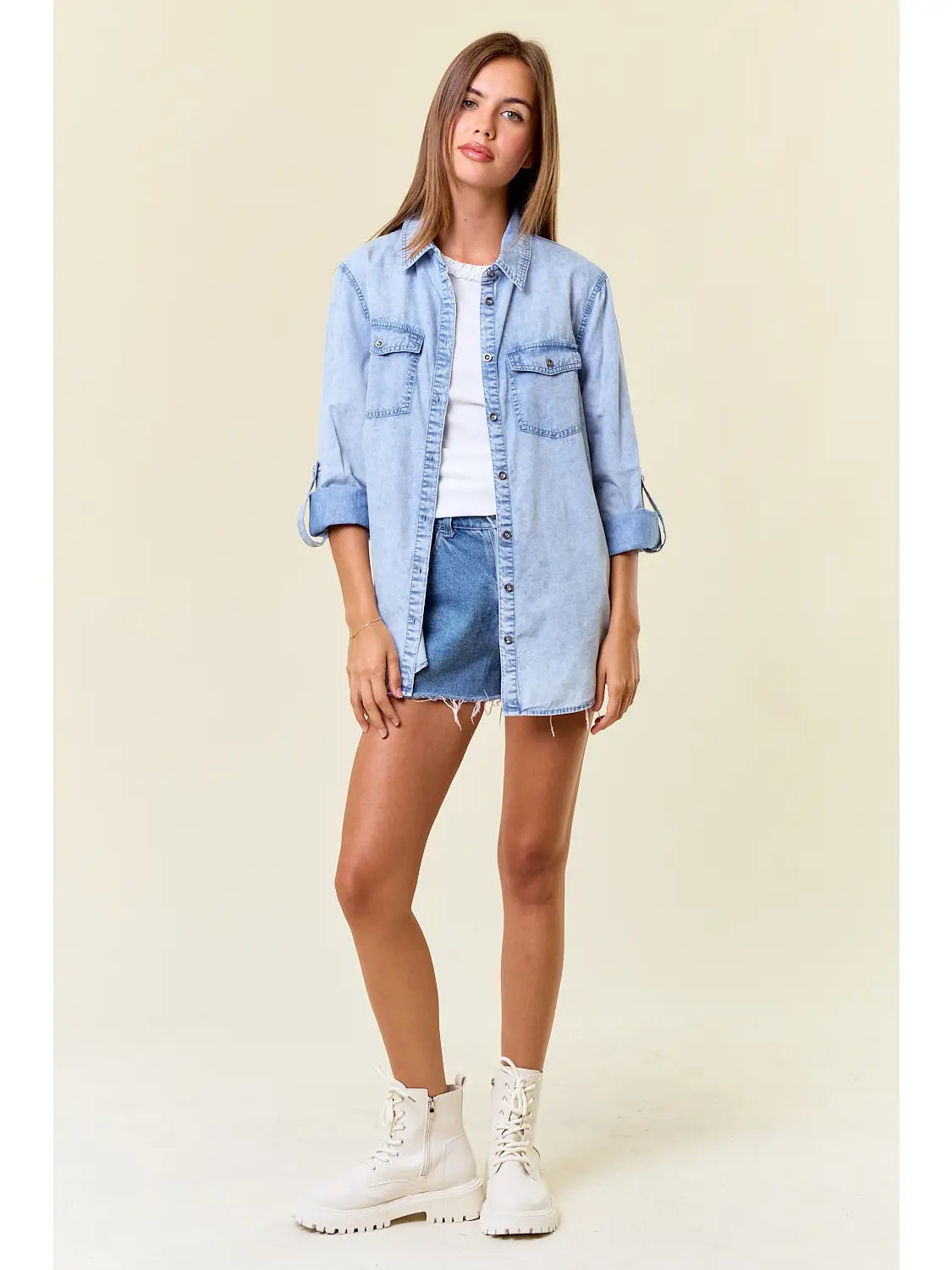 Chambray Button Down Shirt with Roll Up Sleeve