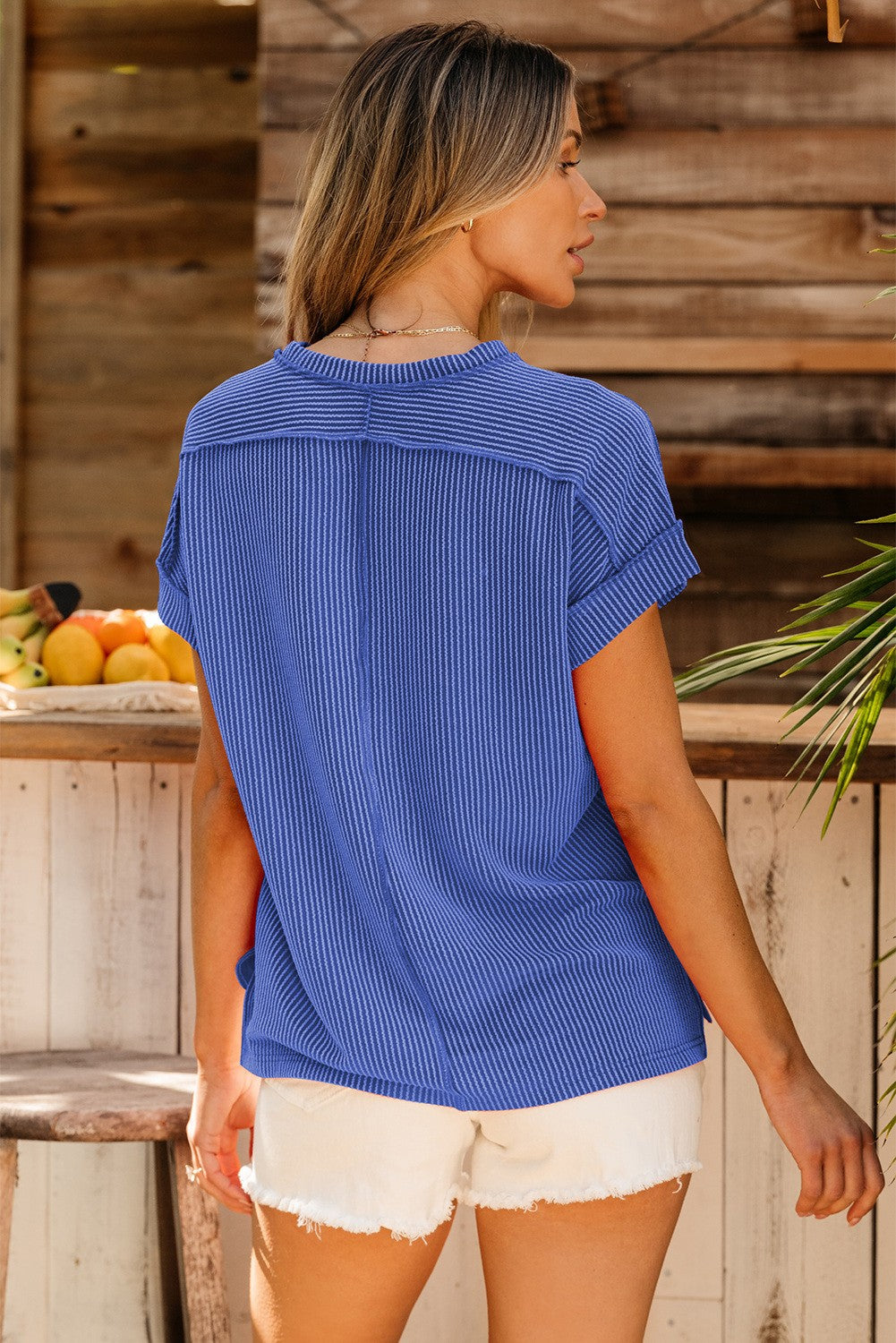 Crinkle Rib Textured Knit Round Neck T-Shirt
