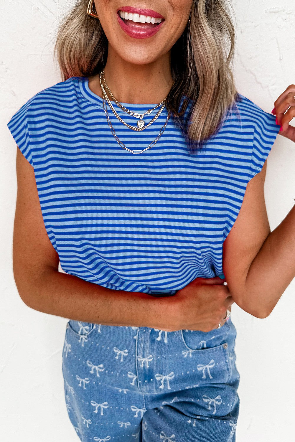 Stripe Ribbed Cap Sleeve Round Neck T Shirt