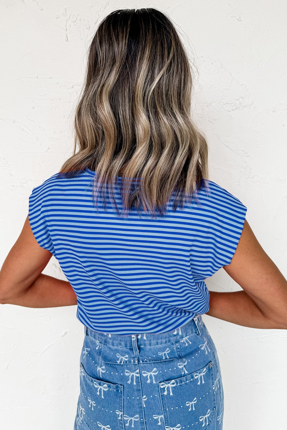 Stripe Ribbed Cap Sleeve Round Neck T Shirt