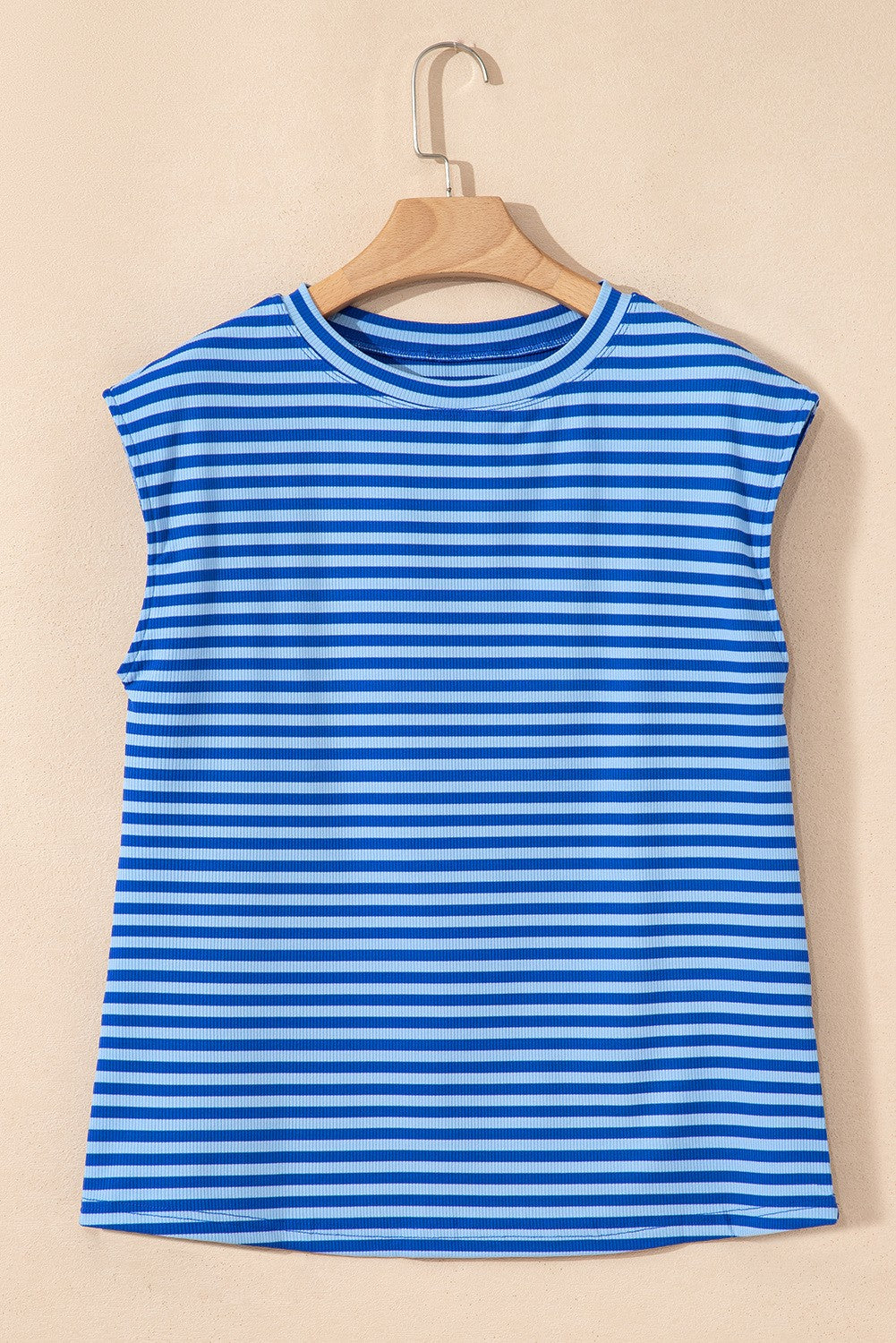 Stripe Ribbed Cap Sleeve Round Neck T Shirt