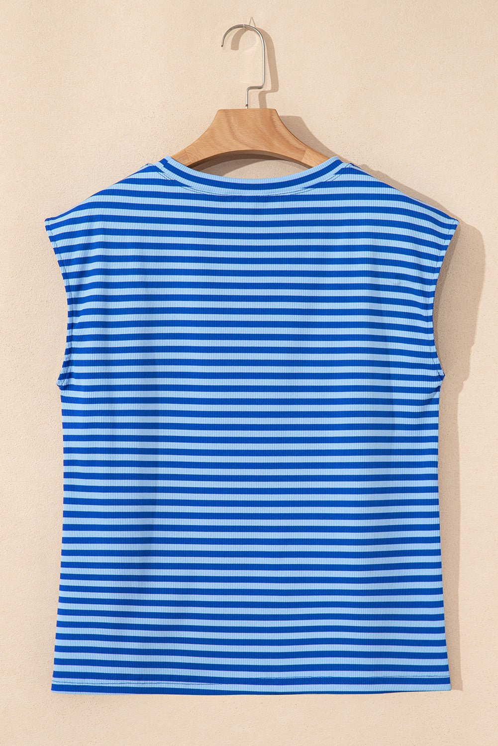 Stripe Ribbed Cap Sleeve Round Neck T Shirt