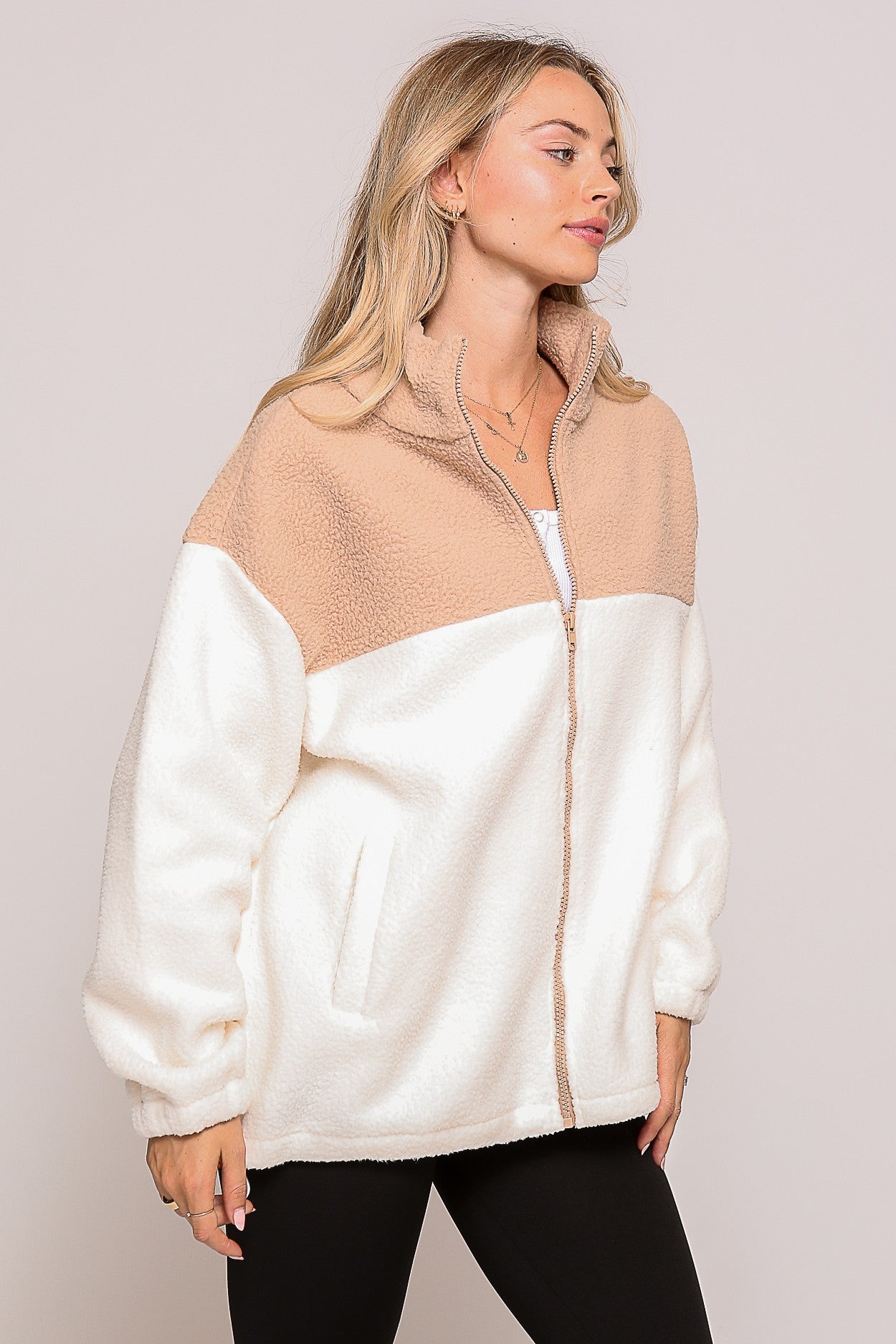 Taupe/Cream Color Block Sherpa Drawstring Jacket