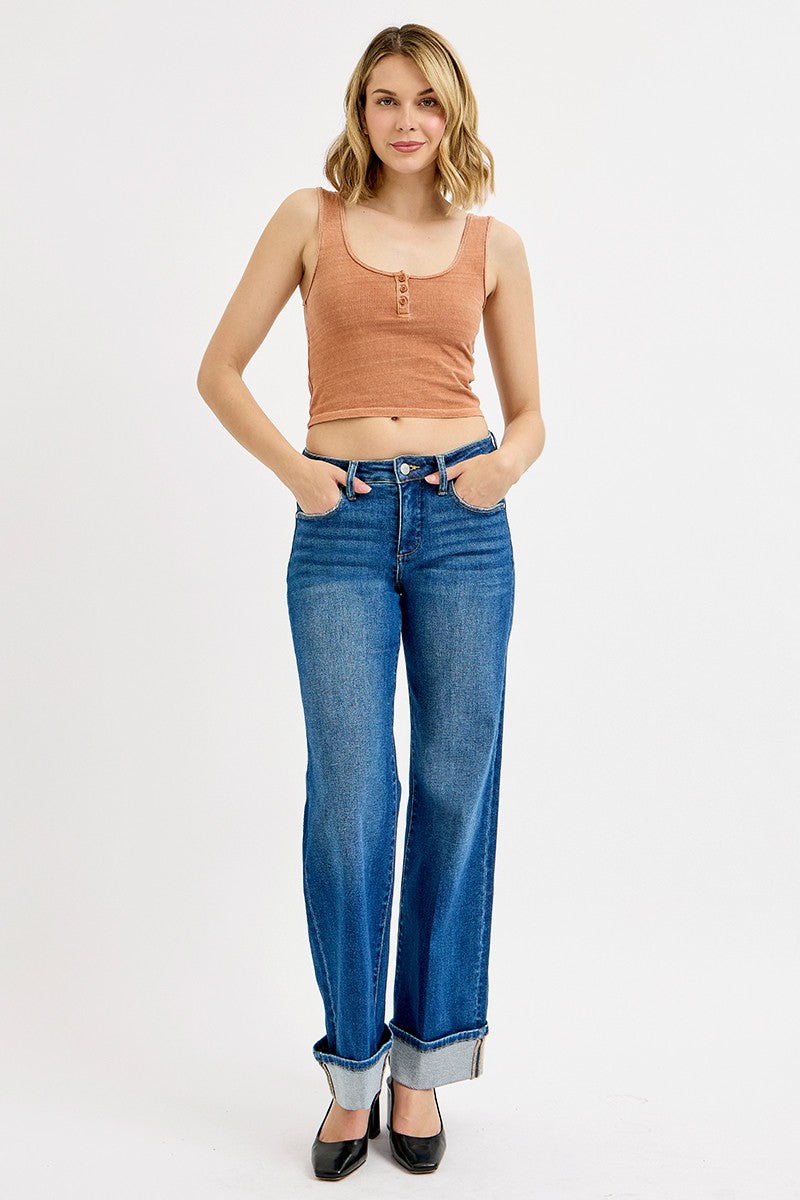 Tummy Control Mid Rise Wide Cuffed Jeans