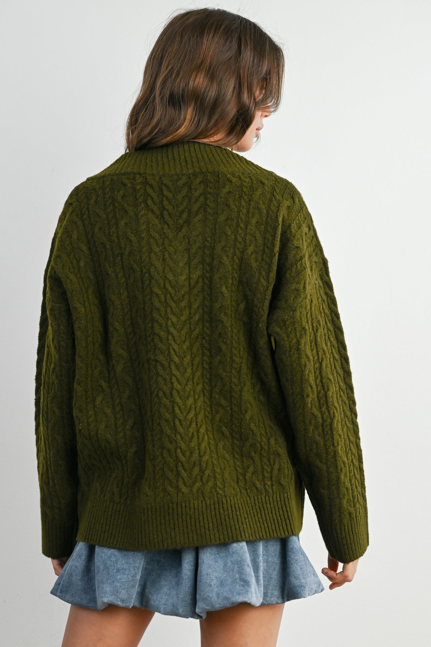 Olive V-neck Cable-knit Long Sleeve Top