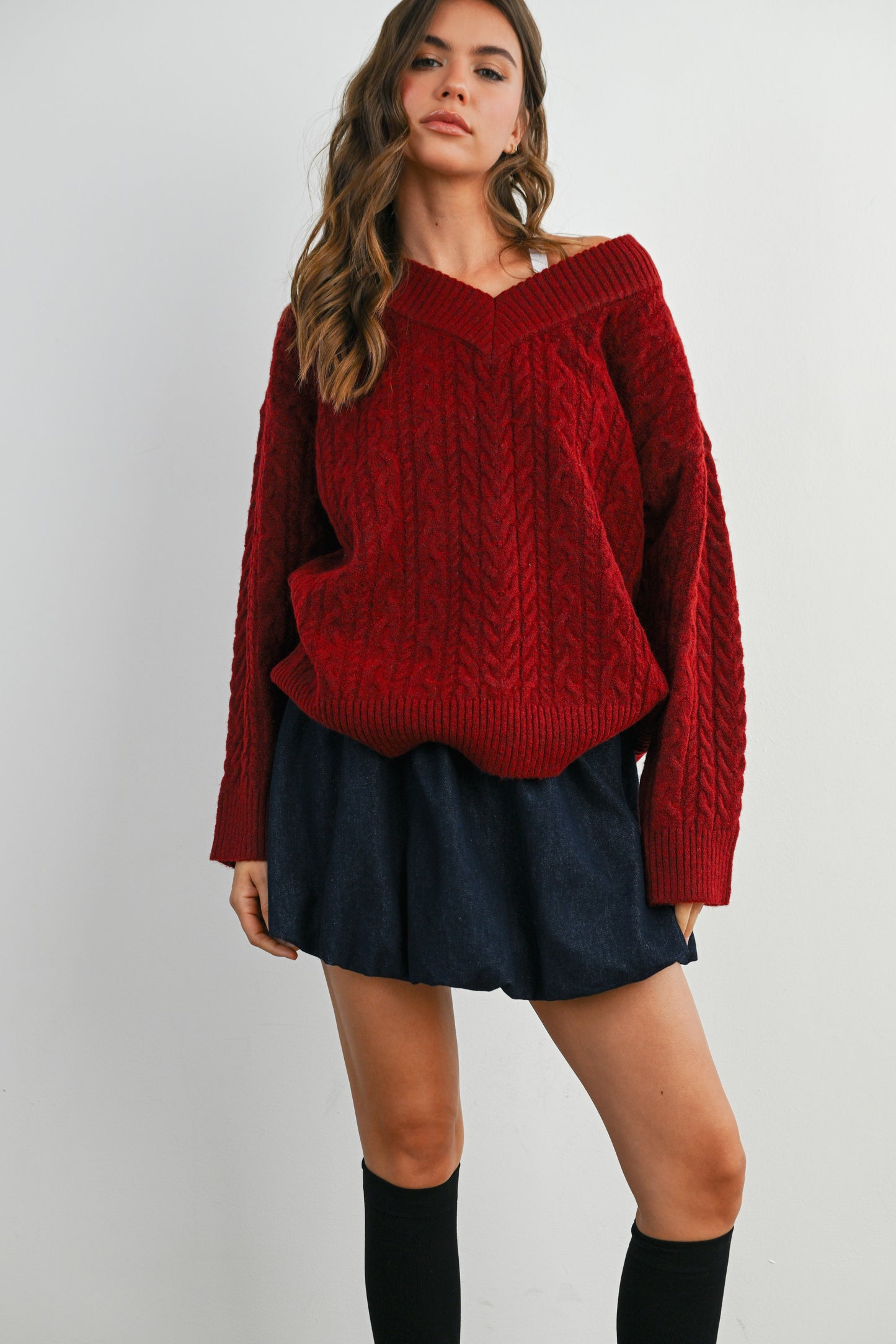 Wine V-neck Cable-knit Long Sleeve Top