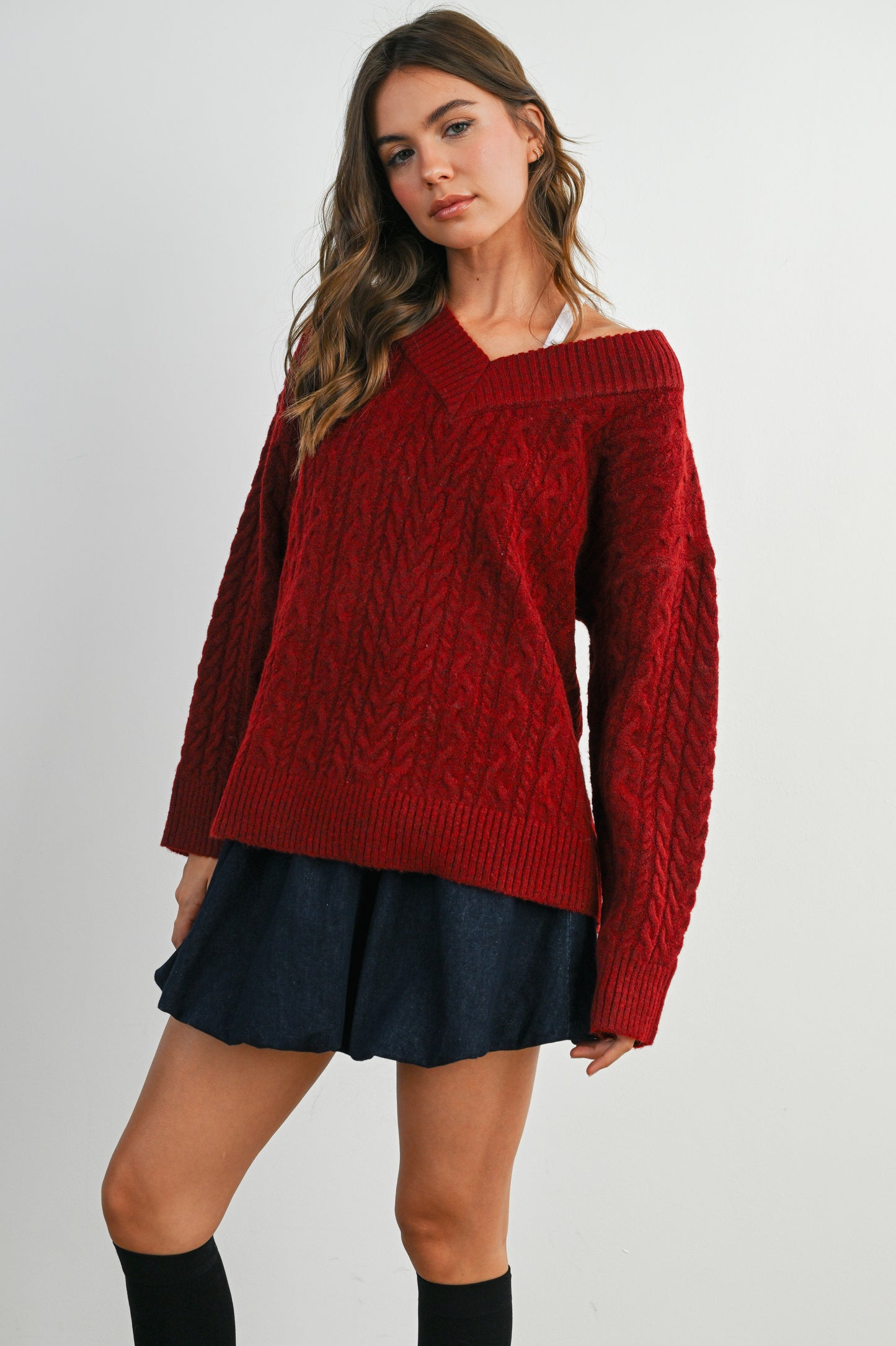 Wine V-neck Cable-knit Long Sleeve Top