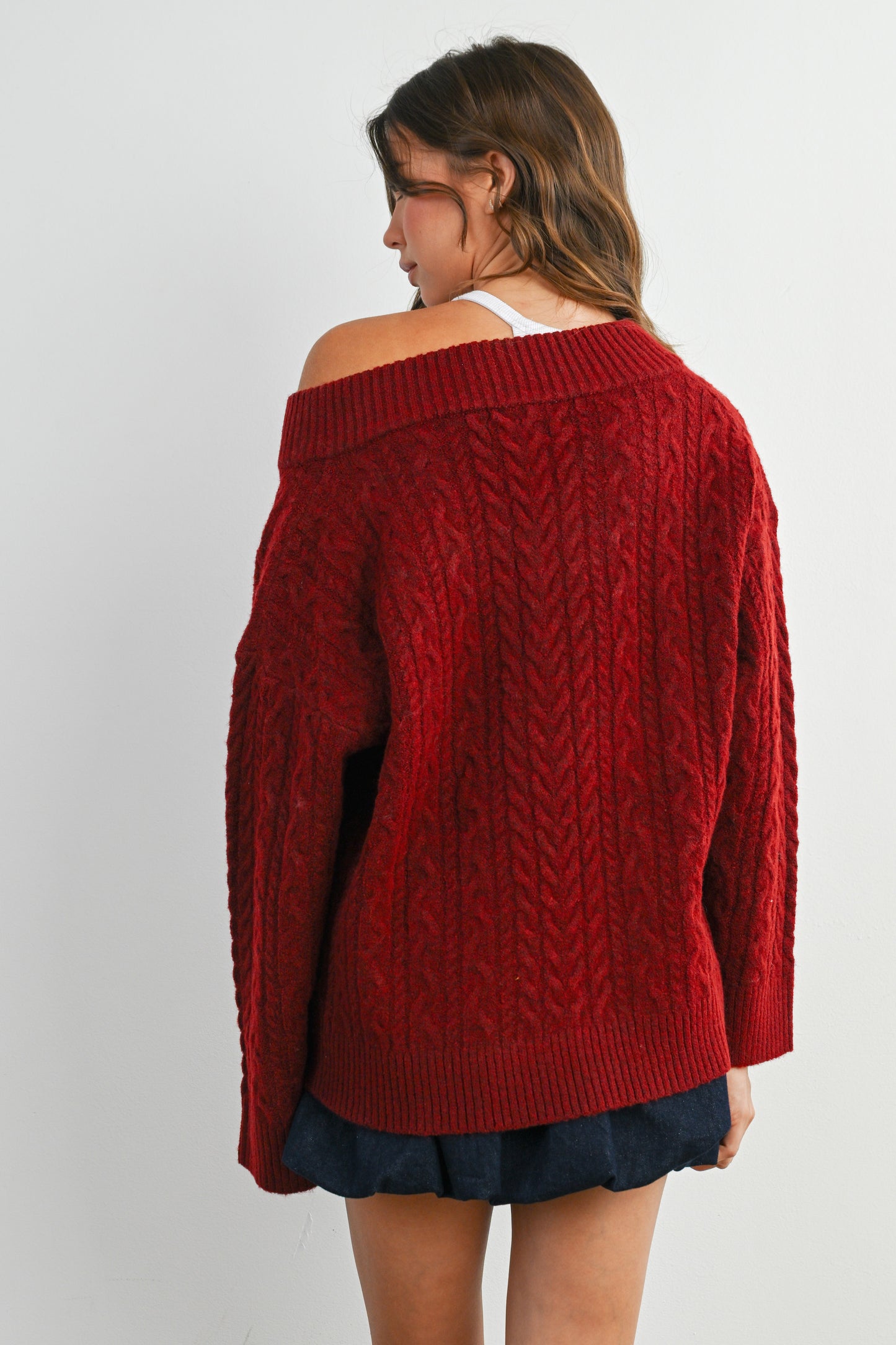 Wine V-neck Cable-knit Long Sleeve Top