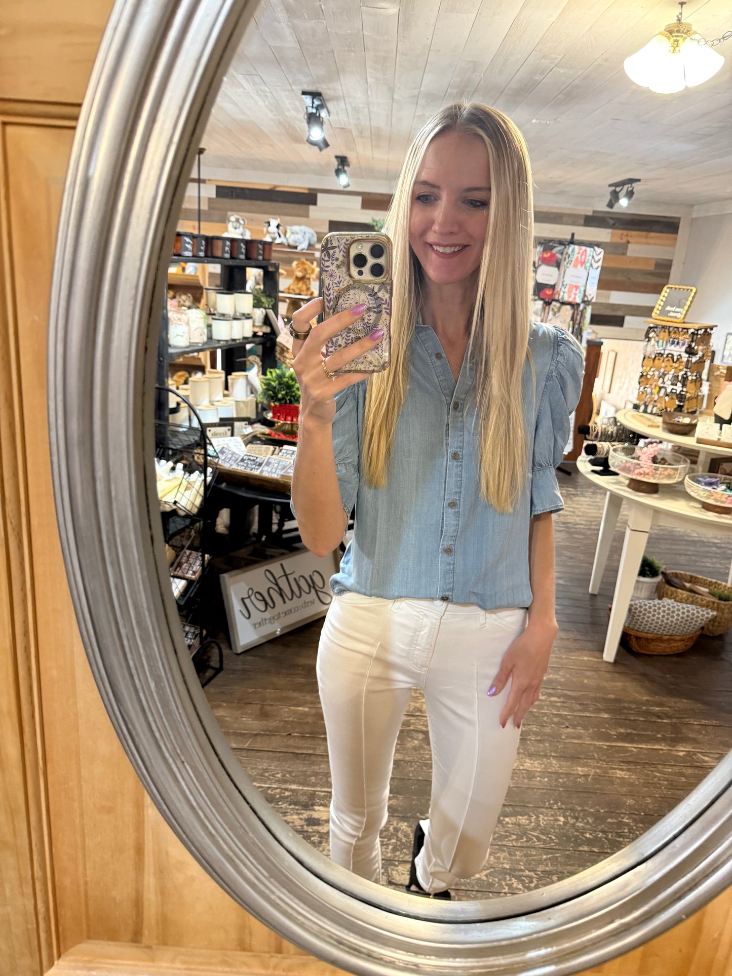 Short Puff Sleeve Chambray Shirt