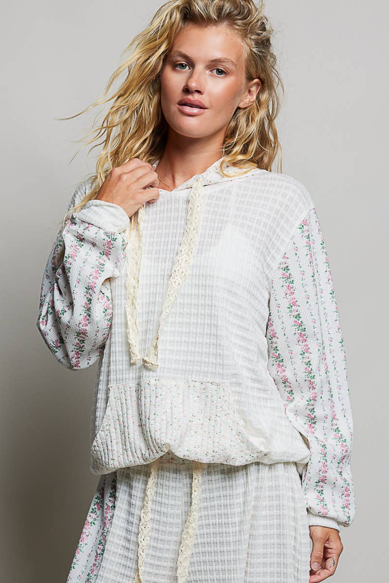 Kangaroo Pocket Mixed Knit Contrast Hooded Pullover