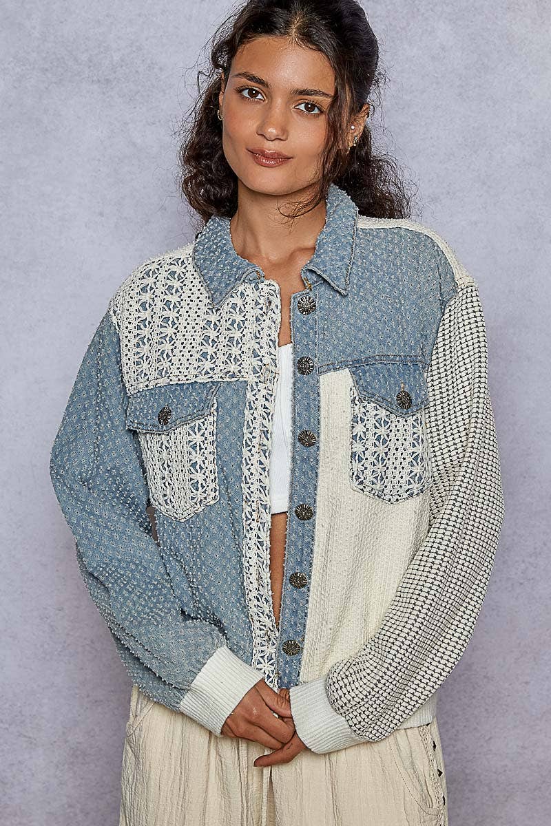 Vintage Washed Crochet Patch Solid Twill Jacket: DENIM MULTI
