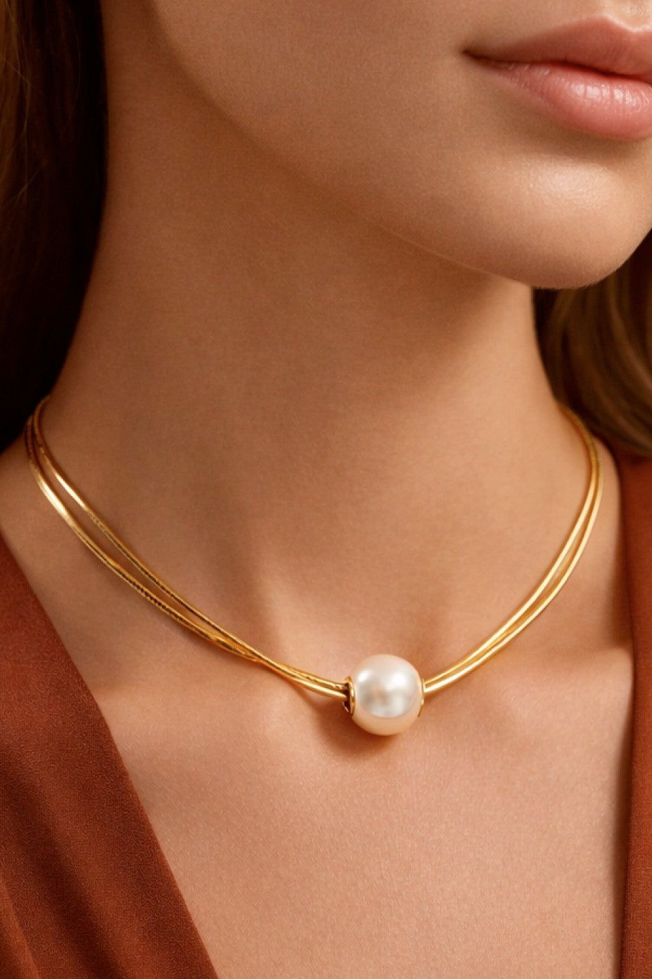 18k Gold Plated Waterproof Stainless Steel Pearl Necklace Round