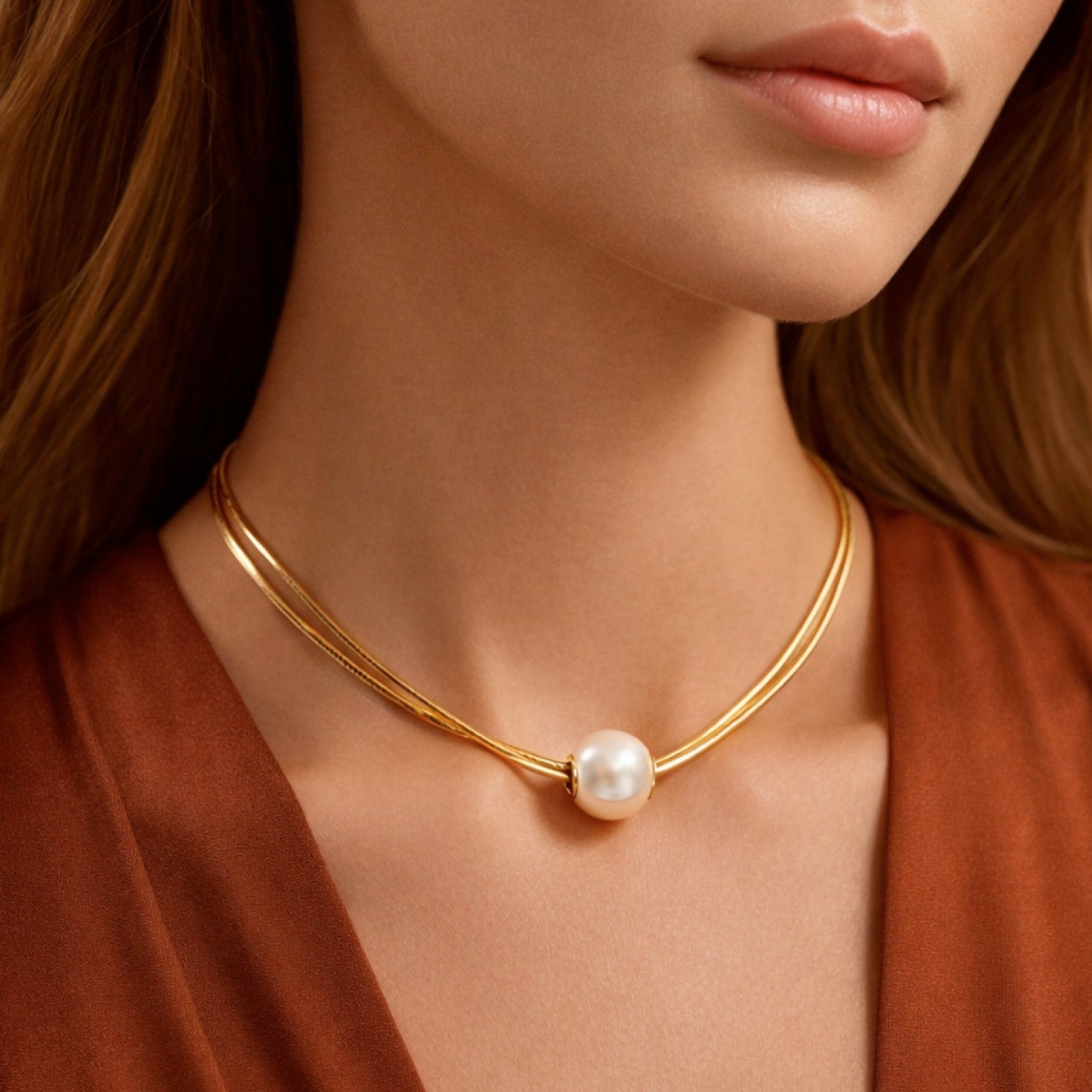 18k Gold Plated Waterproof Stainless Steel Pearl Necklace Round