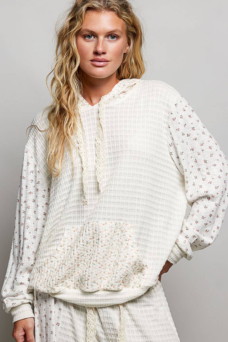 Kangaroo Pocket Mixed Knit Contrast Hooded Pullover