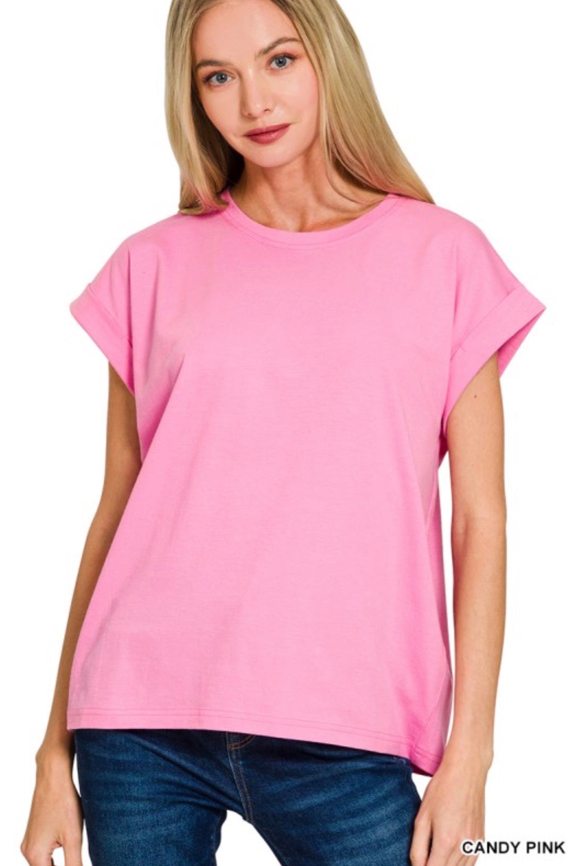 Round Neck Folded Short Sleeve T-shirt - Candy Pink