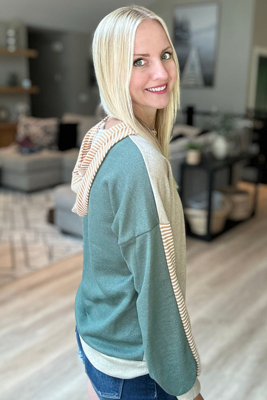 Taupe Olive Color Blocked Striped Hoodie