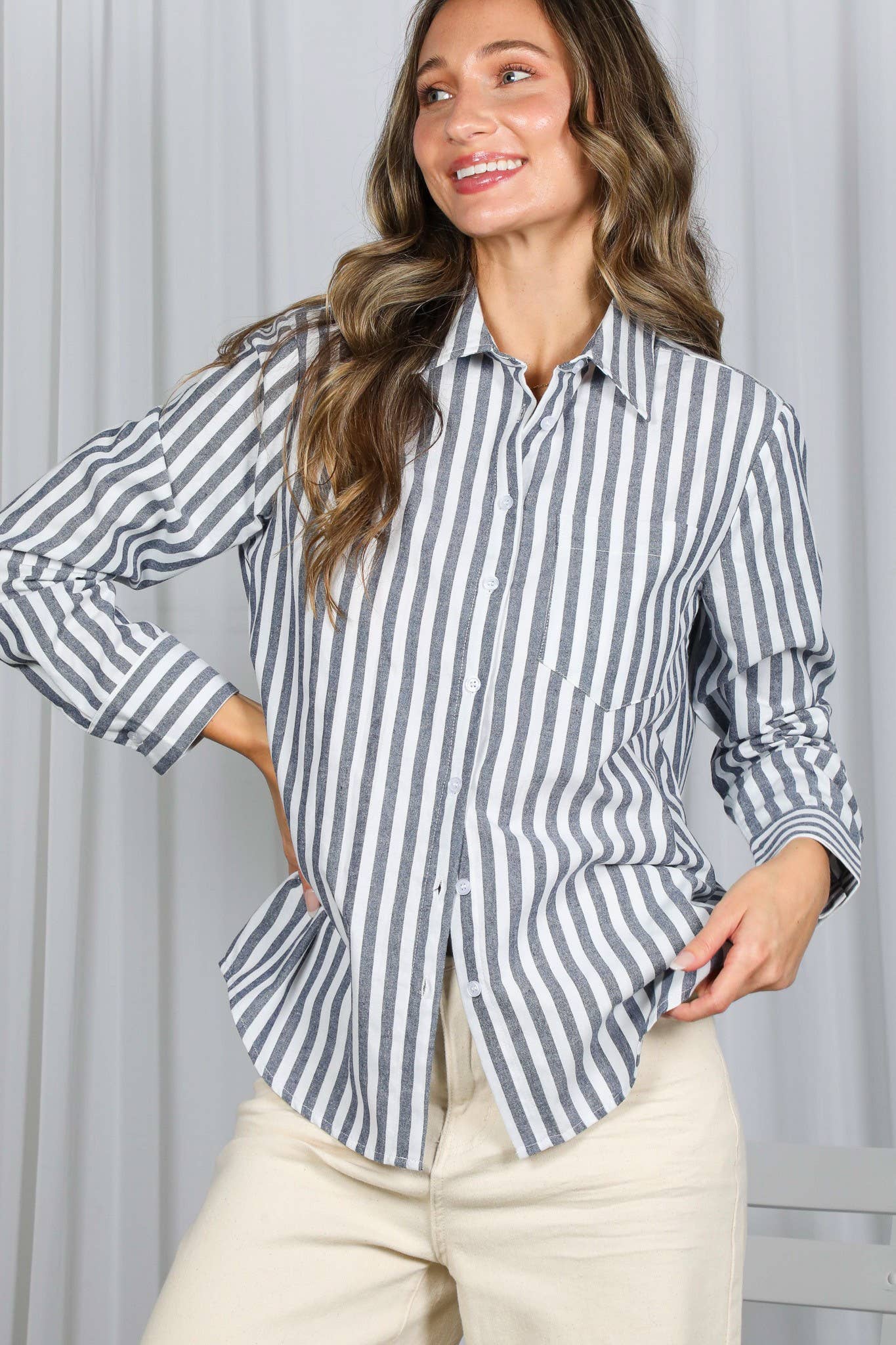 Striped 100% Cotton Collared Shirt Top