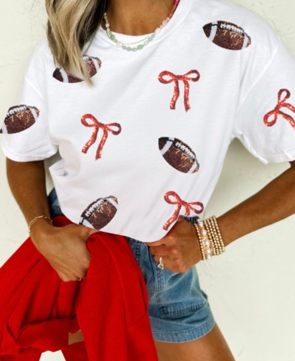 Sequin Rugby Bow Print Round Neck Casual Shift Tee