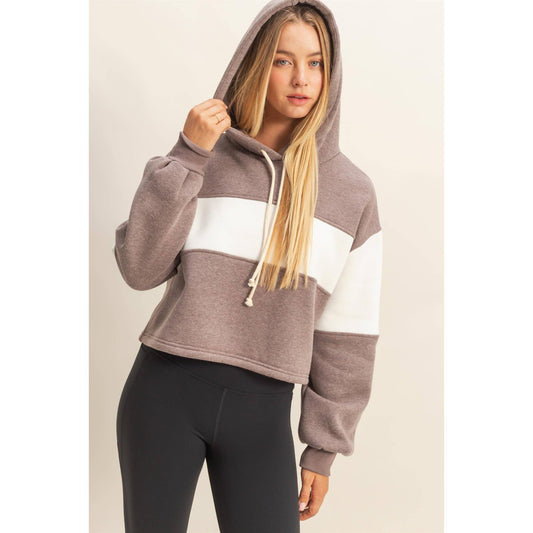 Colorblock Cropped Hoodie: WALNUT / S-M-L(2-2-2)