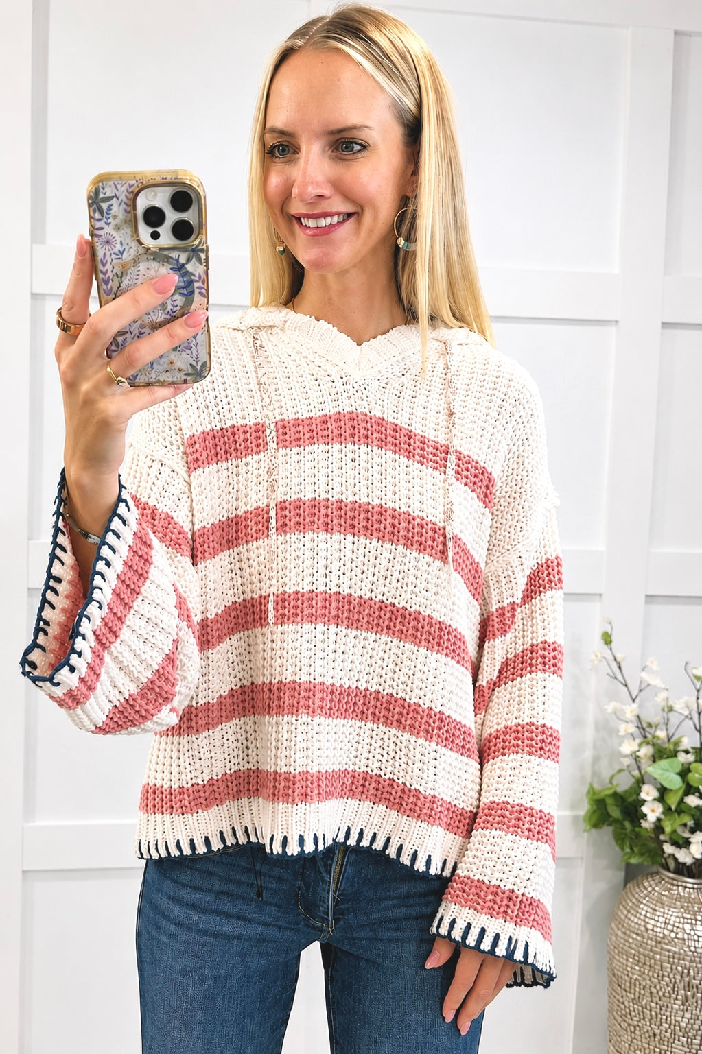 Hoodie V-neck Striped Long Sleeve Stitch Chenille Sweater: IVORY/PINK